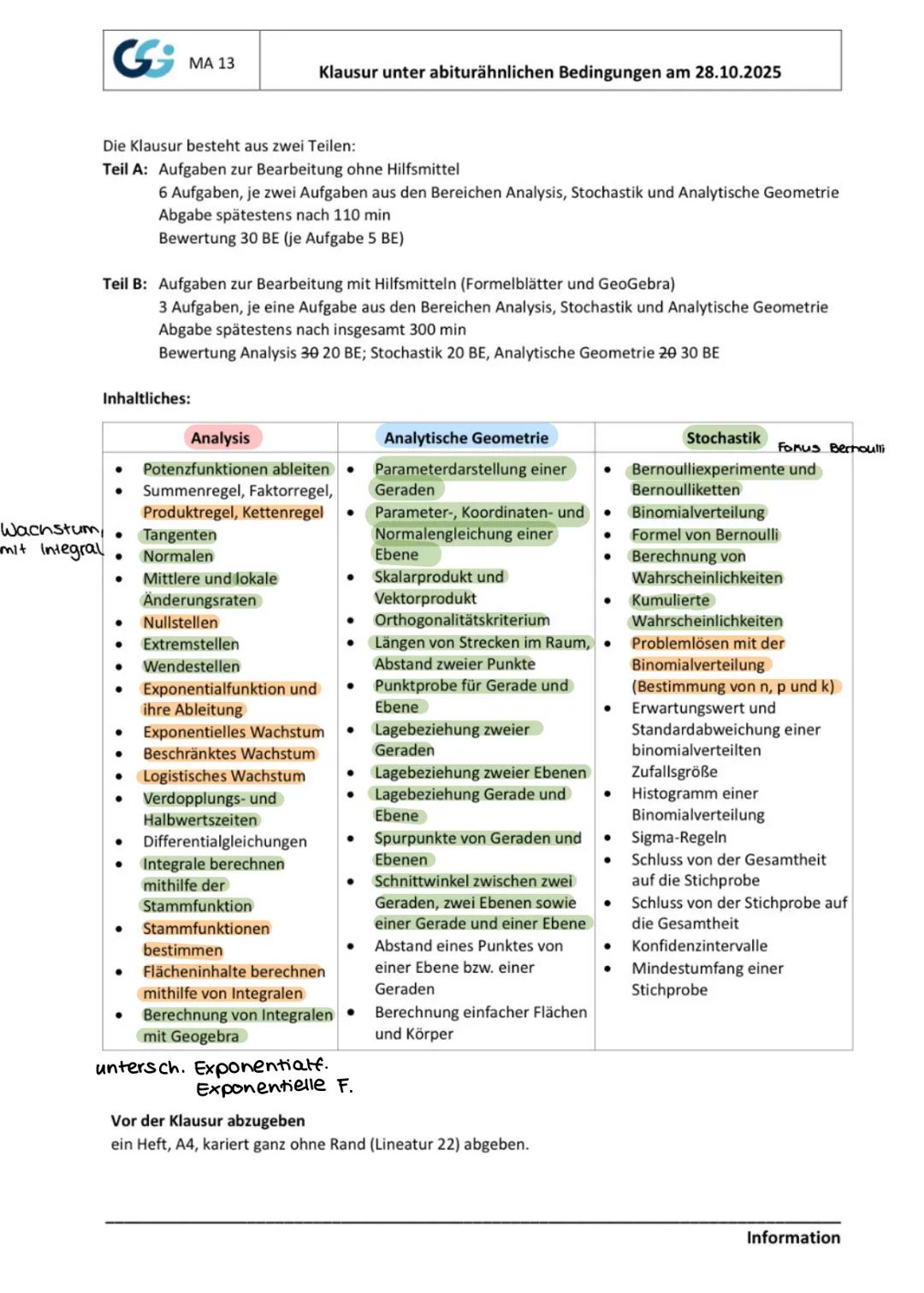 MATHE # دی
# MA 13
Klausur unter abiturähnlichen Bedingungen am 28.10.2025
Die Klausur besteht aus zwei Teilen:
Teil A: Aufgaben zur Bea