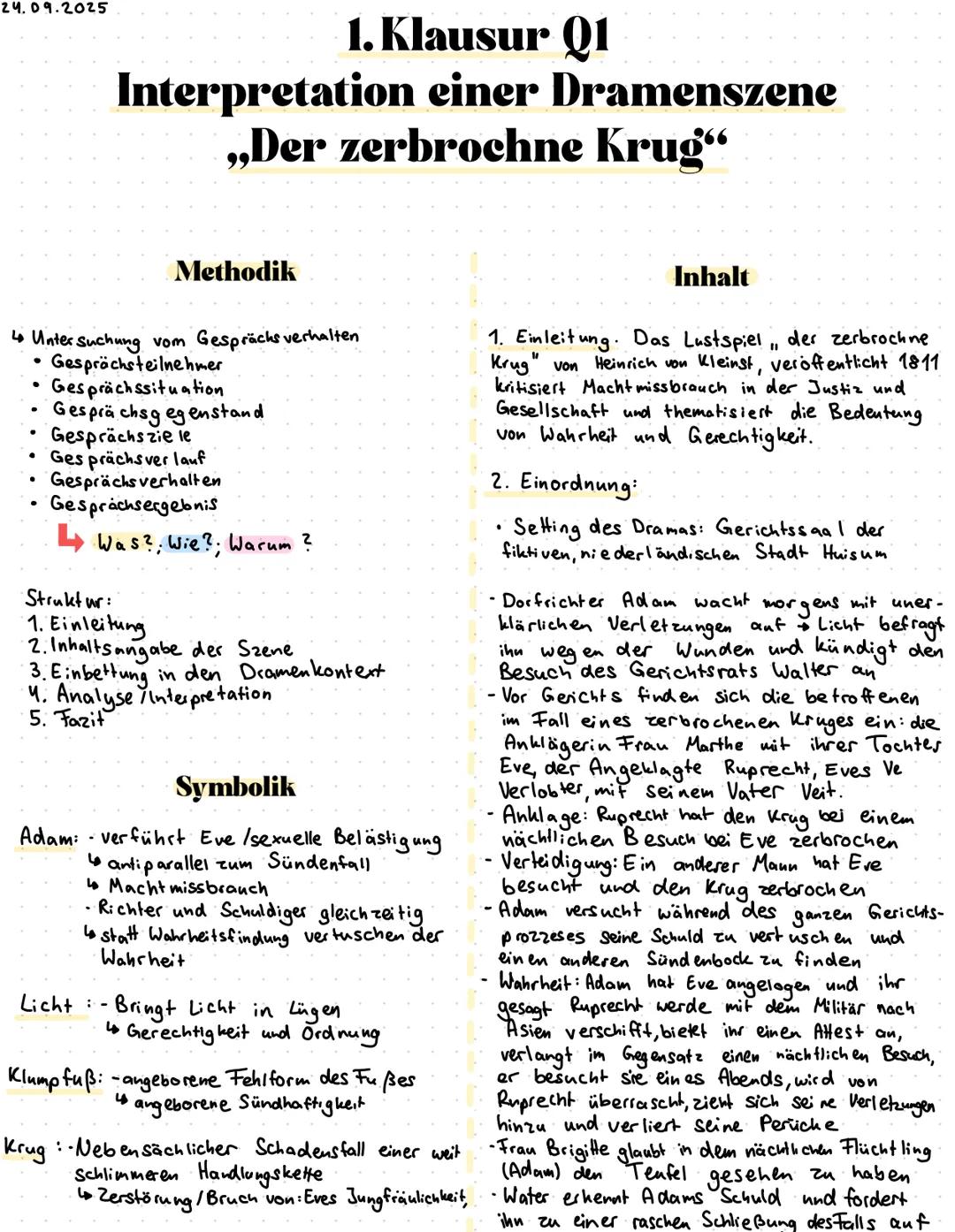 24.09.2025
1. Klausur Q1
Interpretation einer Dramenszene
„Der zerbrochne Krug"
Methodik
↳ Untersuchung vom Gesprächs verhalten
* Gesp