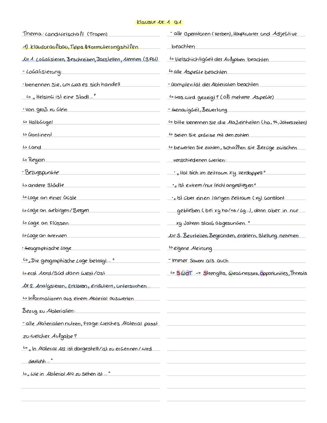 klausur er. 1 01
Thema: candwirtschaft (Tropen)
1) klausuraufbau, Tipps & Formulierungshilfen.
Ur 1. Lokalisieren, Beschreiben, Darstelle
