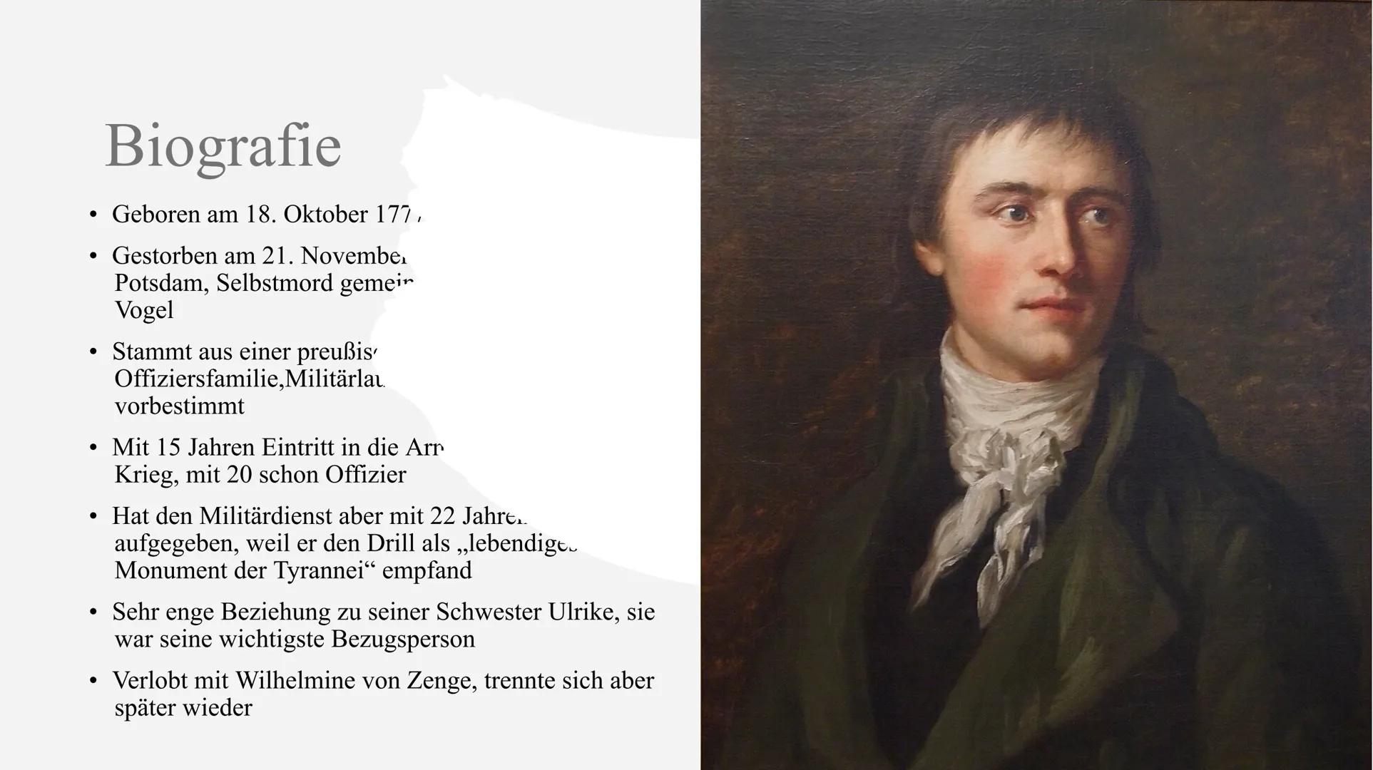 Heinrich vom Kleist Inhaltsverzeichnis
• Biografie
• Suche nach Sinn und erste Krisen
• Kleist als Schriftsteller
• Wichtige Themen in Klei