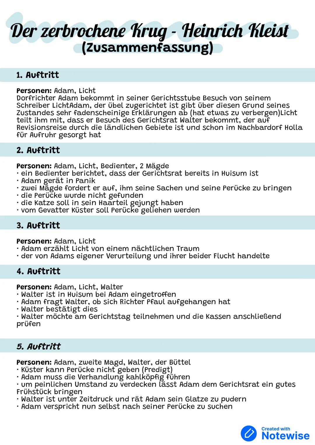 # Der zerbrochene Krug - Heinrich Kleist
(Zusammenfassung)
1. Auftritt
Personen: Adam, Licht
Dorfrichter Adam bekommt in seiner Gerichtss