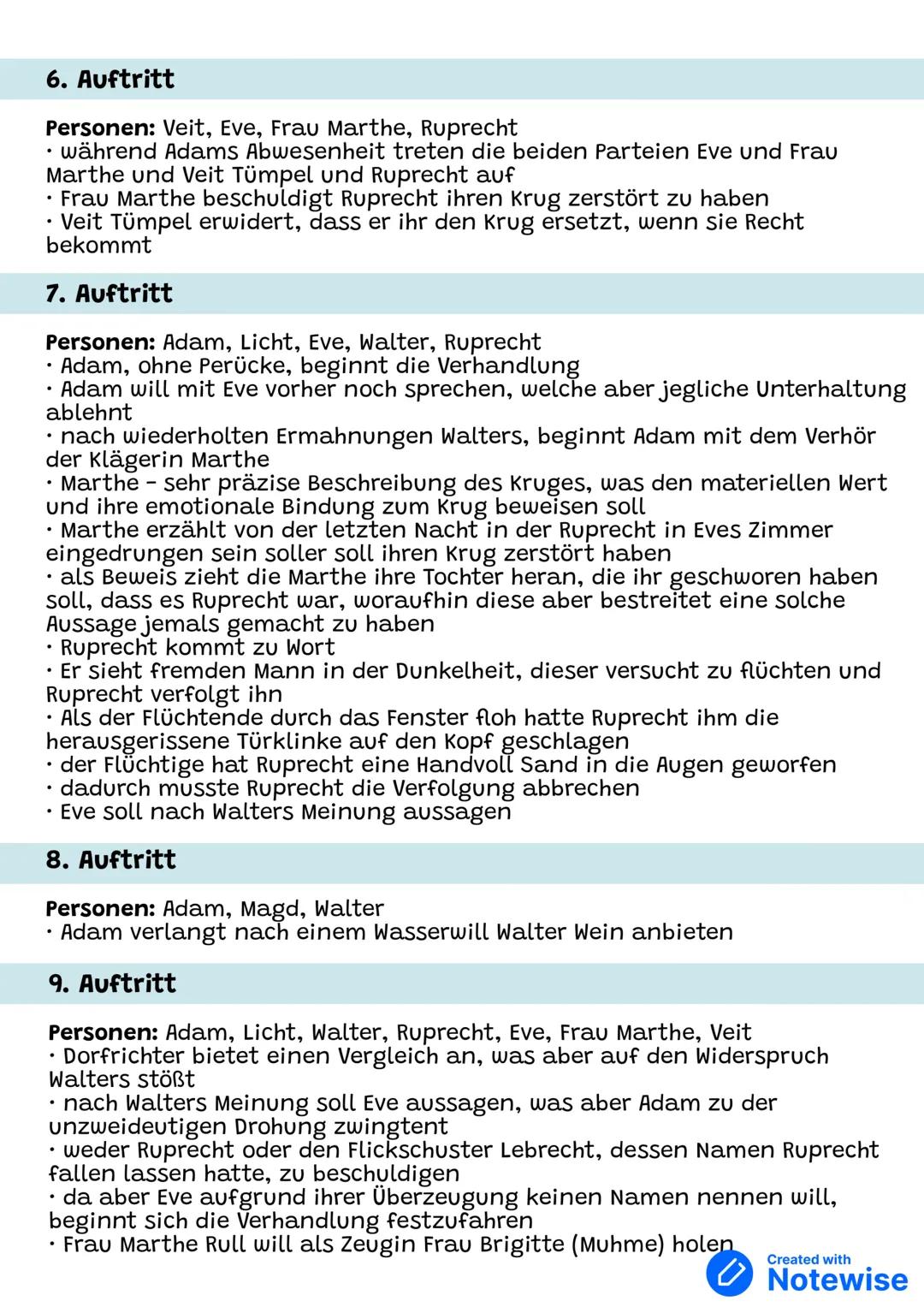 # Der zerbrochene Krug - Heinrich Kleist
(Zusammenfassung)
1. Auftritt
Personen: Adam, Licht
Dorfrichter Adam bekommt in seiner Gerichtss