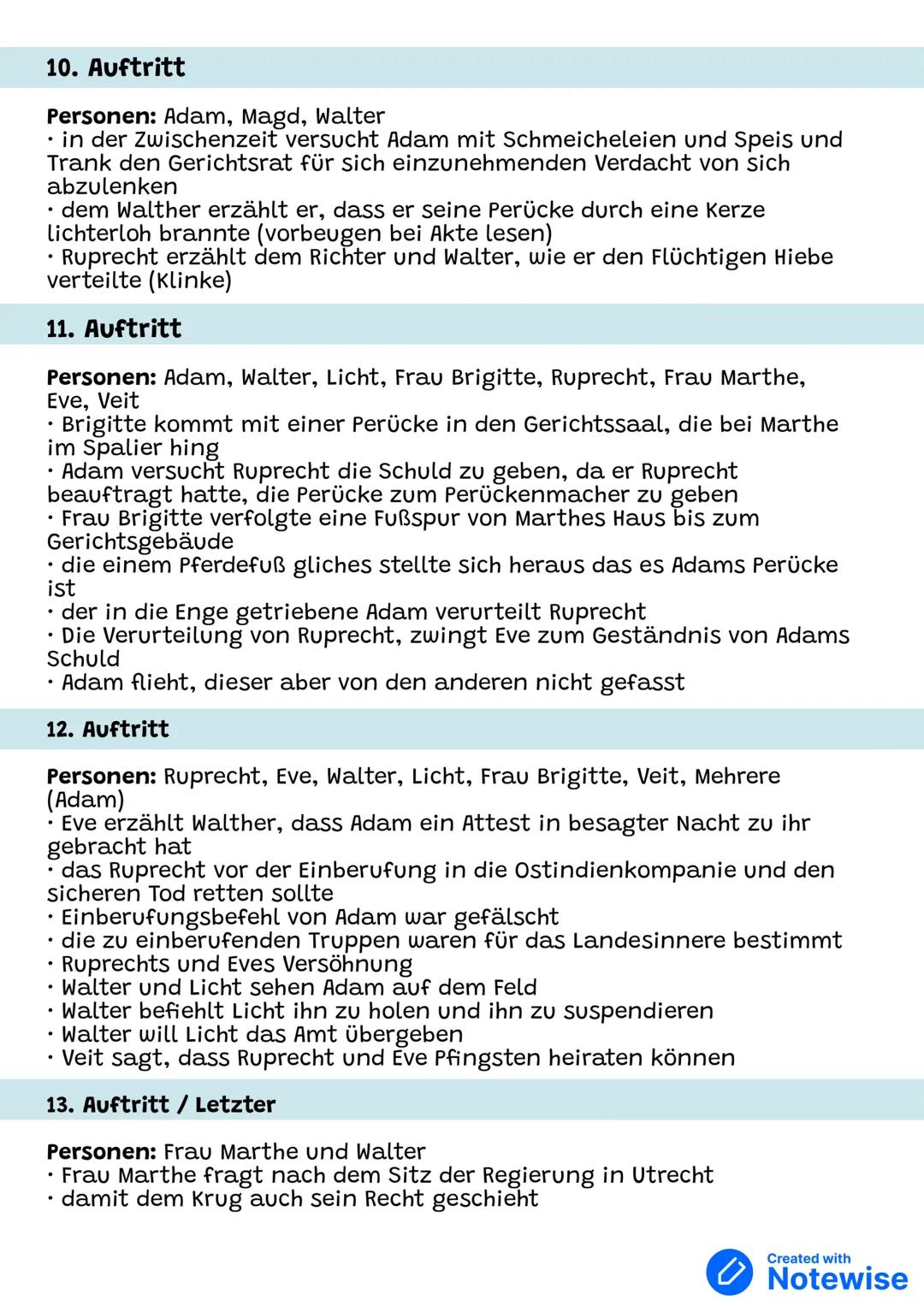 # Der zerbrochene Krug - Heinrich Kleist
(Zusammenfassung)
1. Auftritt
Personen: Adam, Licht
Dorfrichter Adam bekommt in seiner Gerichtss