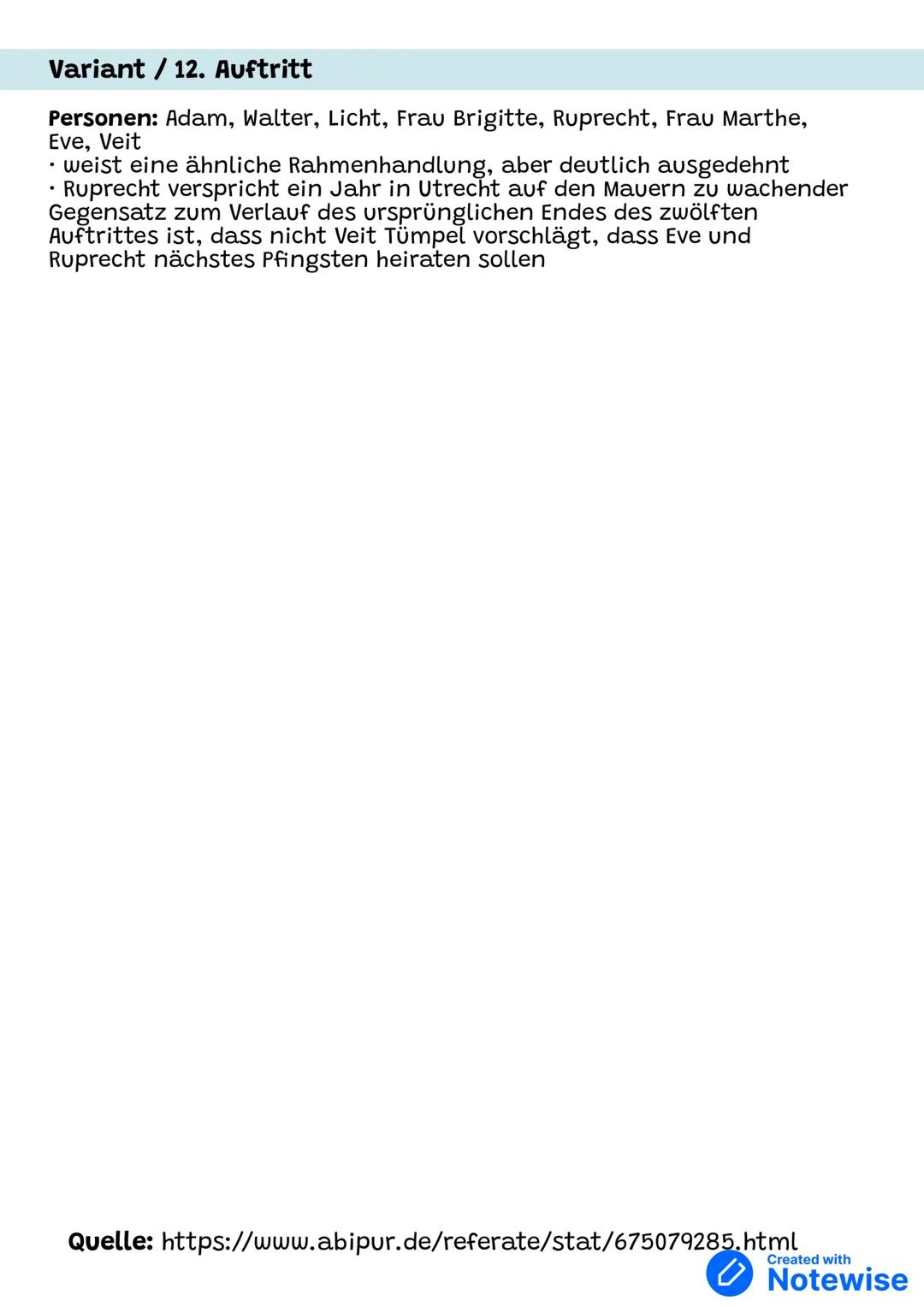 # Der zerbrochene Krug - Heinrich Kleist
(Zusammenfassung)
1. Auftritt
Personen: Adam, Licht
Dorfrichter Adam bekommt in seiner Gerichtss