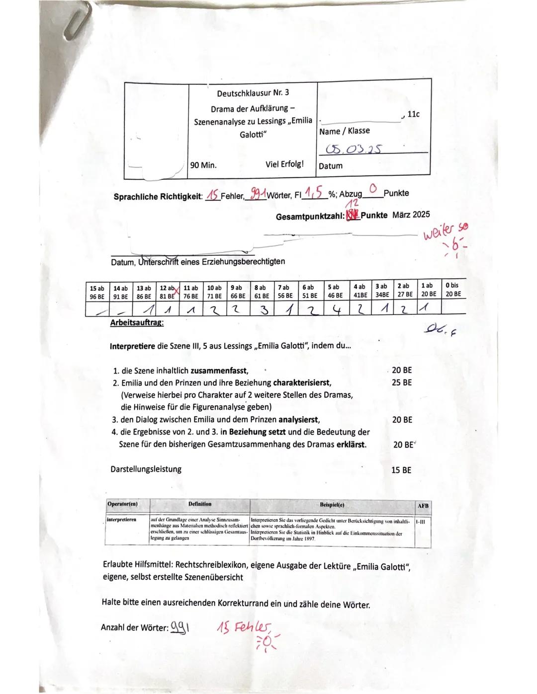 Deutschklausur Nr. 3
Drama der Aufklärung -
Szenenanalyse zu Lessings „Emilia
Galotti"
90 Min.
Viel Erfolg!
Name / Klasse
05.03.25
Datum