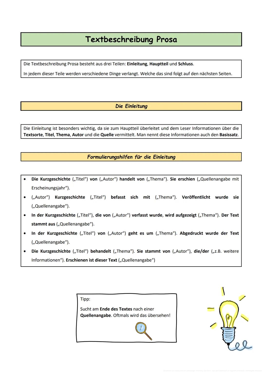# Textbeschreibung Prosa
Die Textbeschreibung Prosa besteht aus drei Teilen: Einleitung, Hauptteil und Schluss.
In jedem dieser Teile werd