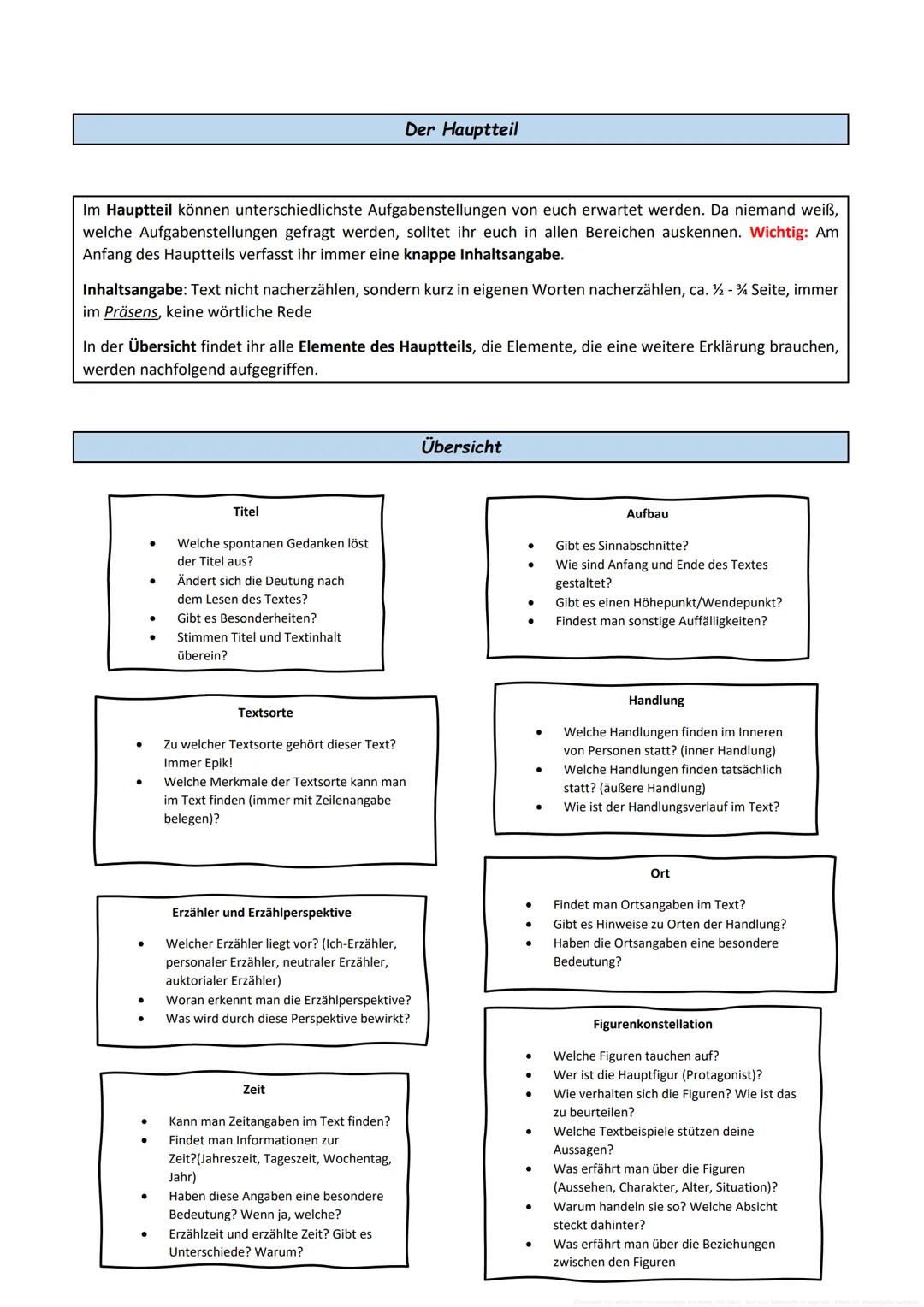 # Textbeschreibung Prosa
Die Textbeschreibung Prosa besteht aus drei Teilen: Einleitung, Hauptteil und Schluss.
In jedem dieser Teile werd