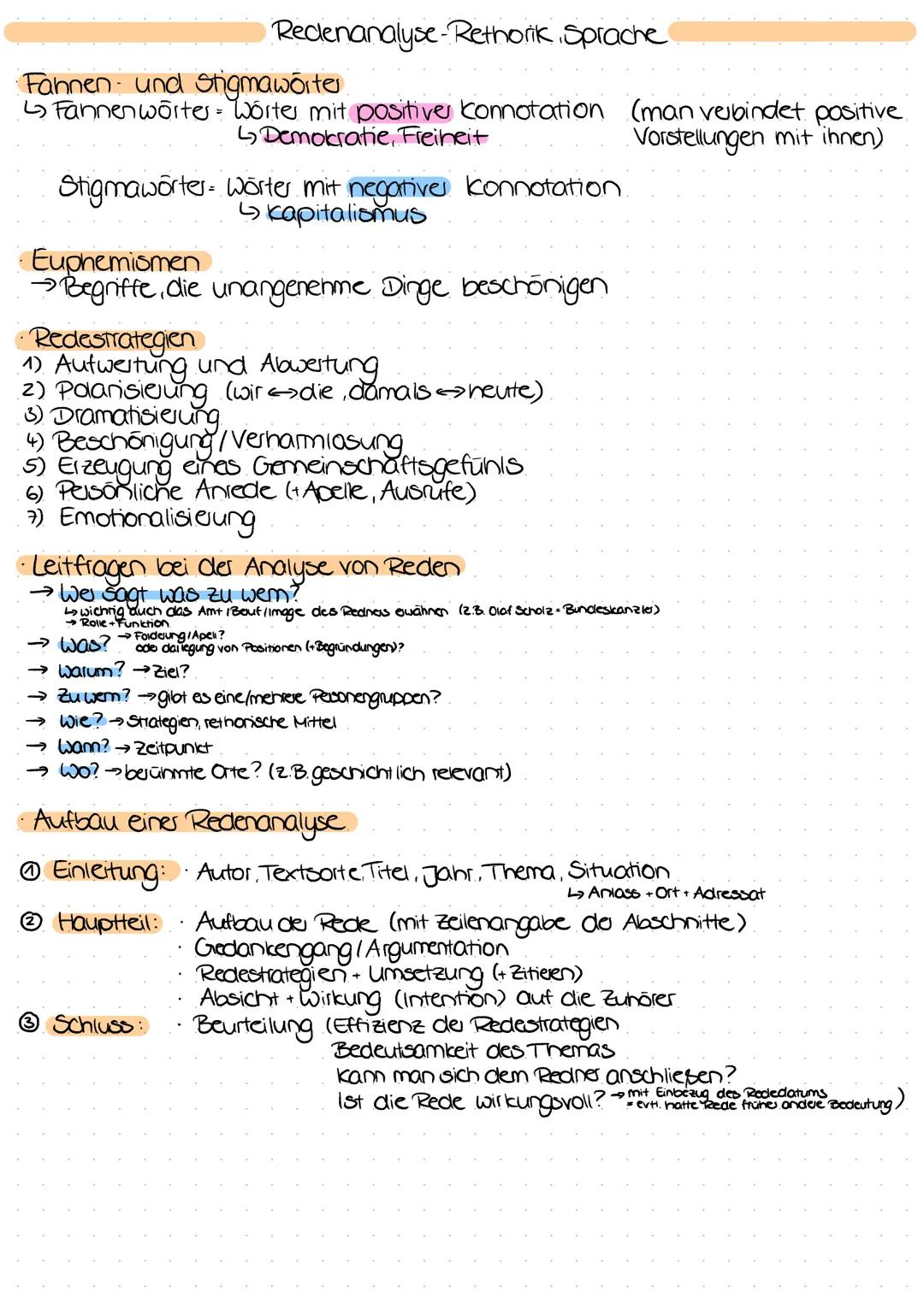 Reclenanalyse-Rethorik Sprache
Fannen und Stigmawörter
Fannenwörter Wörter mit positives Connotation (man verbindet positive.
Demokratie, F