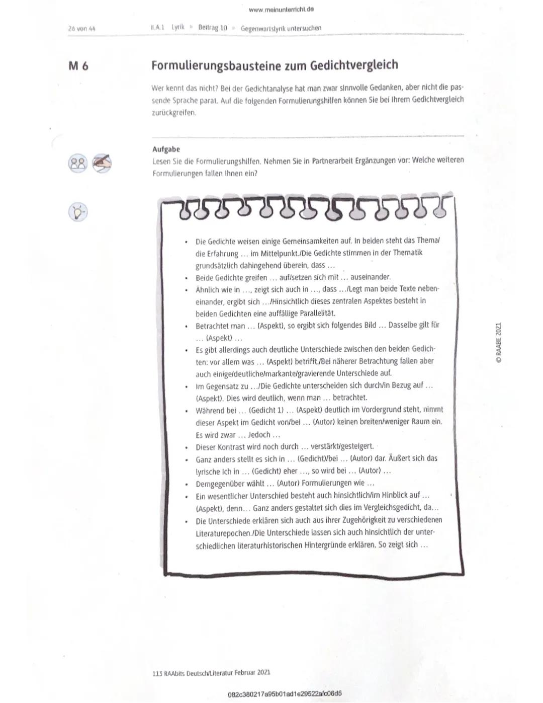 www.meinunterricht.de
26 von 44
ILA1 Lyrik Beitrag 10 Gegenwartslyrik untersuchen
M 6
Formulierungsbausteine zum Gedichtvergleich
Wer k