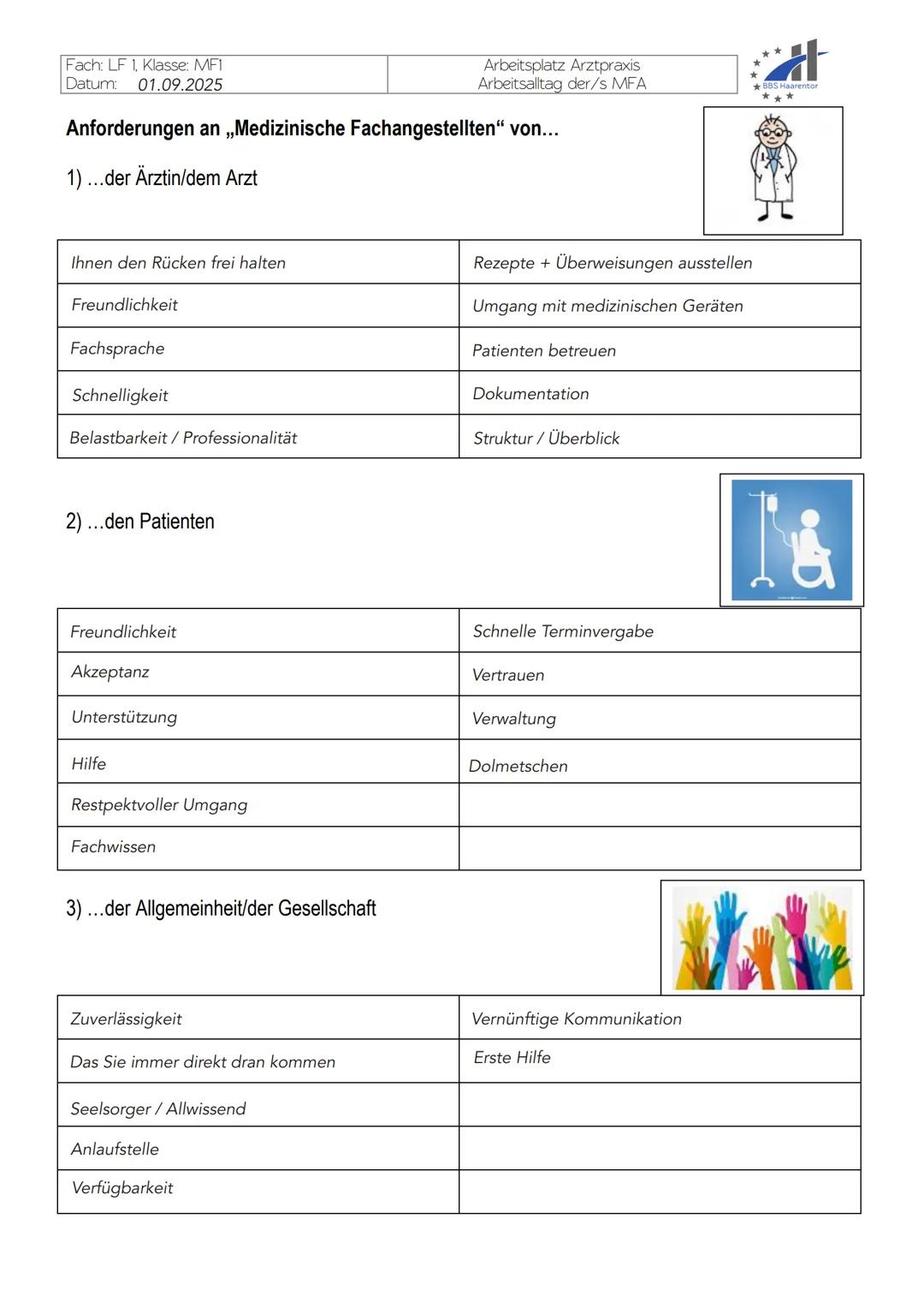 Lernfeld 1
Advance Organizer
Klasse: MF1
Lehrkraft Fr. Englisch
Datum:
25.08.25
★BBS Haarentor
Lernfeld 1,,Im Beruf und Gesundheitswese
