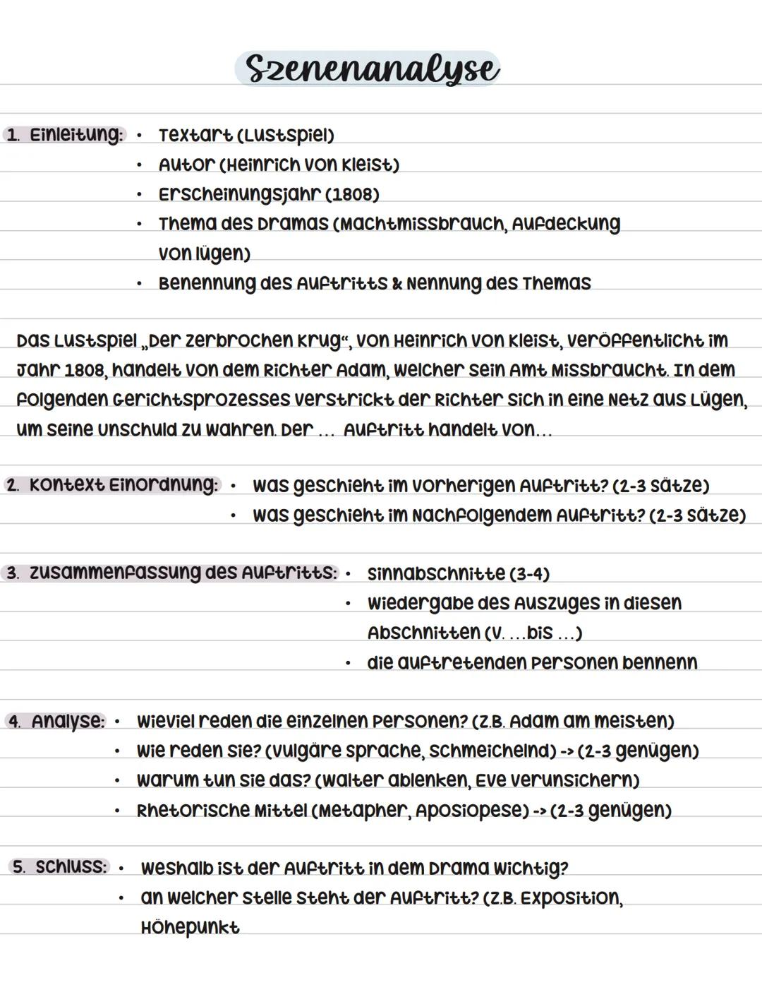 # Szenenanalyse
1. Einleitung:
- Textart (Lustspiel)
- Autor (Heinrich von kleist)
- Erscheinungsjahr (1808)
- Thema des Dramas