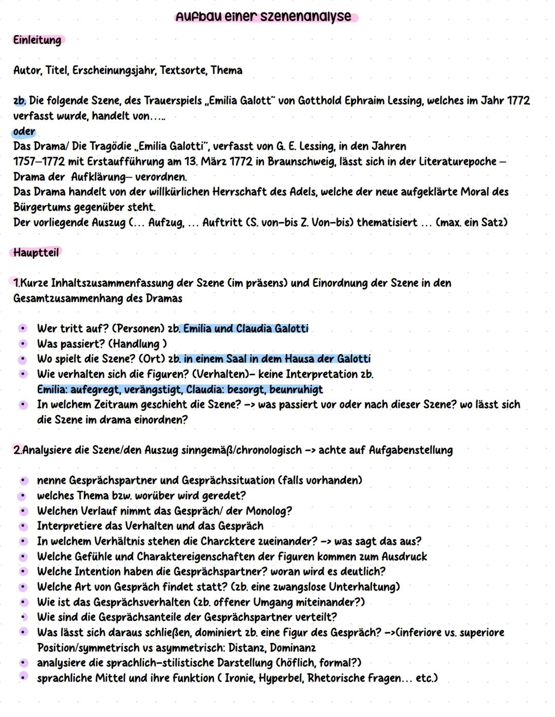 # Aufbau einer szenenanalyse
Einleitung
Autor, Titel, Erscheinungsjahr, Textsorte, Thema
2b. Die folgende Szene, des Trauerspiels „Emilia