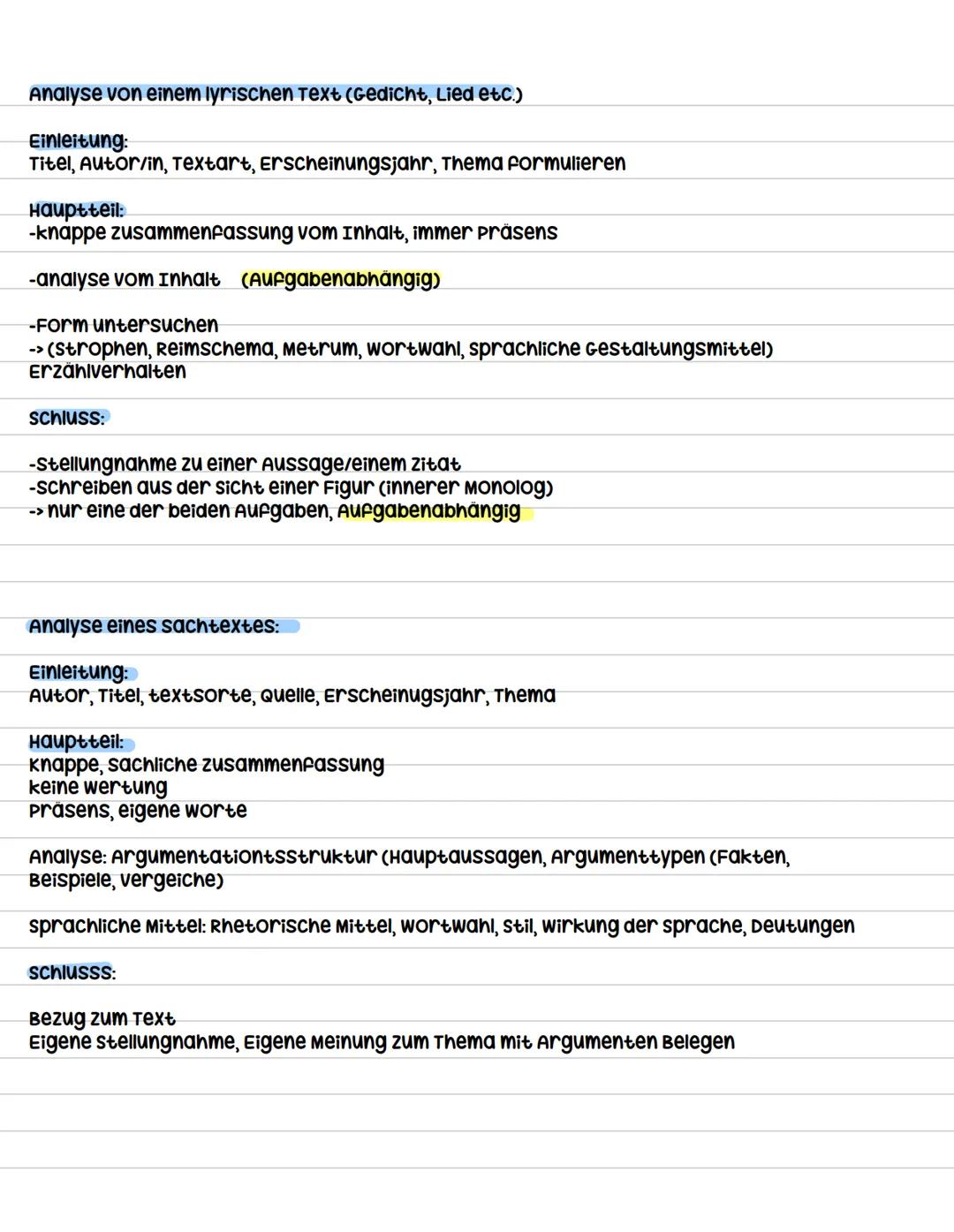 # Deutsch ZP 10 Lernzettel
wahlthema 1: Analysieren (AT 40)
Analyse von sachtext, Textauszug, literarischen Text, Gedicht, oder Kurzgeschi