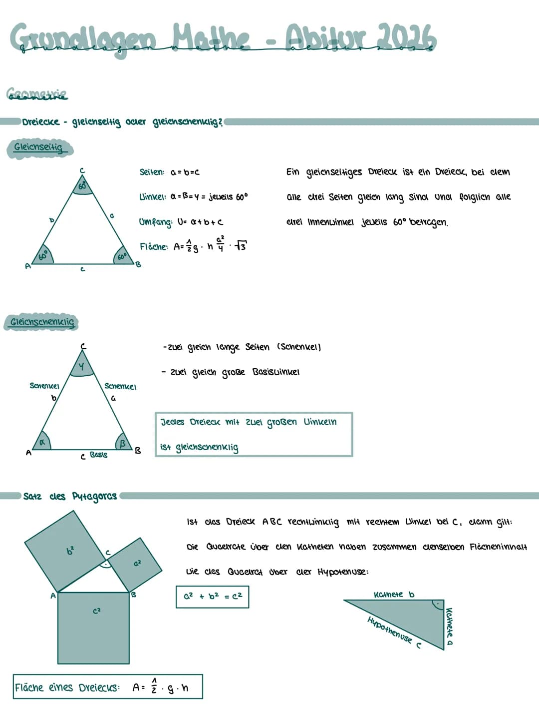 # Grundlagen Mathe - Abitur 2026
Geometrie
Dreiecke gleichseitig ocler greienschenklig?
Gleichseitig
Seiten: a=b=c
Ein gleienseitiges D