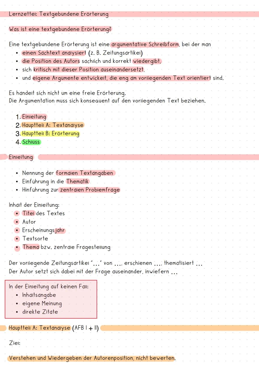Lernzettel: Textgebundene Erörterung
Was ist eine textgebundene Erörterung?
Eine textgebundene Erörterung ist eine argumentative Schreibfo