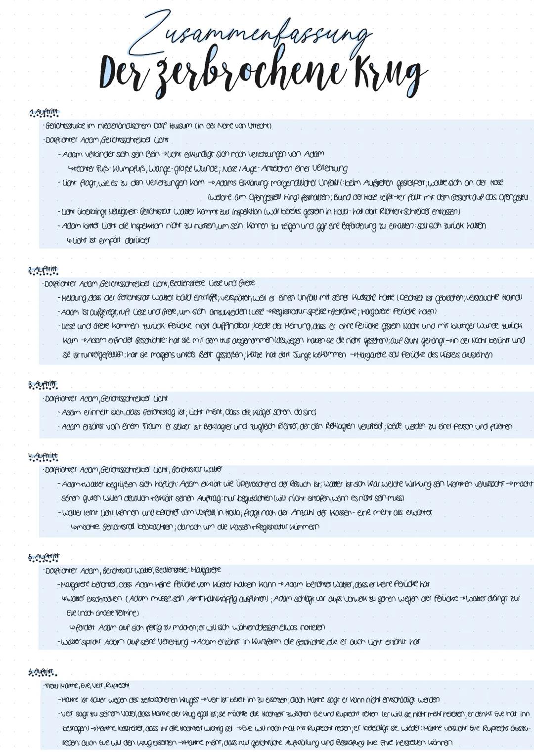 # Zusammenfassung
# Der zerbrochene Krug
1. Auftrit
•Gerichtsstulce im nieceriancuscrem core kruisum (in der Nore van Urreant)
-Dorftion
