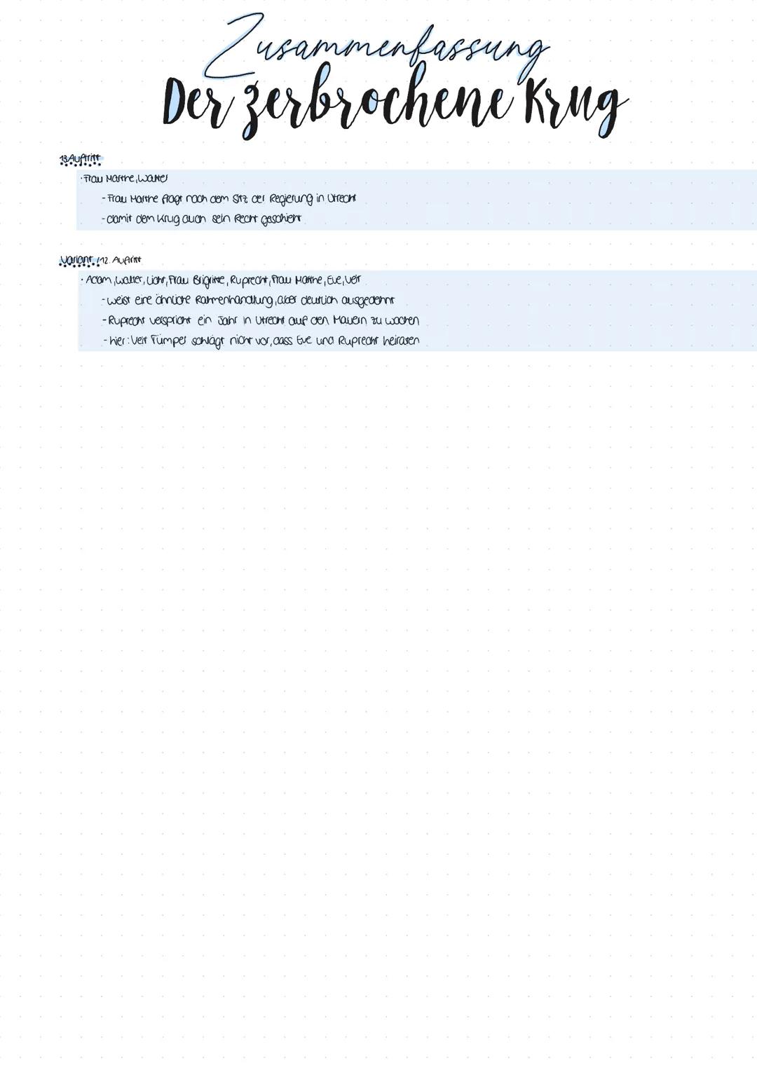 # Zusammenfassung
# Der zerbrochene Krug
1. Auftrit
•Gerichtsstulce im nieceriancuscrem core kruisum (in der Nore van Urreant)
-Dorftion