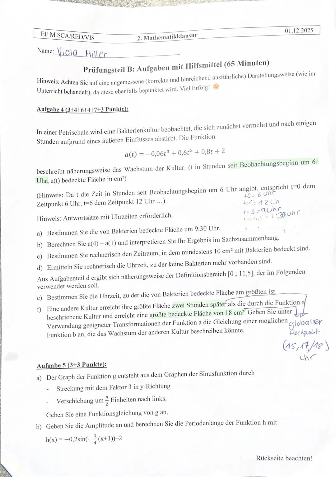 EF M SCA/RED/VIS
Name: Viola Hiller
2. Mathematikklausur
01.12.2025
Prüfungsteil A: Aufgaben ohne Hilfsmittel
Dieser Teil ist nach spätesten