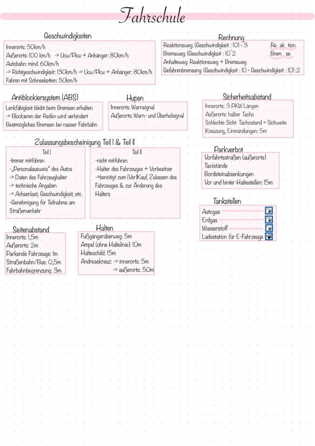 # Fahrschule
Geschwindigkeiten
Innerorts: 50km/h
Außerorts: 100 km/h - Lkw/Pkw + Anhänger: 80km/h
Autobahn: mind. 60km/h
-> Richtgeschwind