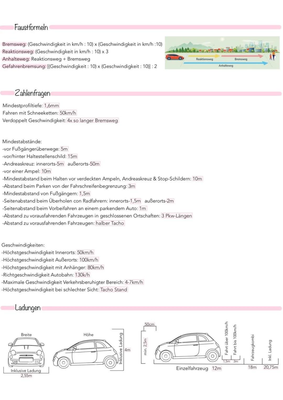 # Fahrschule
Geschwindigkeiten
Innerorts: 50km/h
Außerorts: 100 km/h - Lkw/Pkw + Anhänger: 80km/h
Autobahn: mind. 60km/h
-> Richtgeschwind
