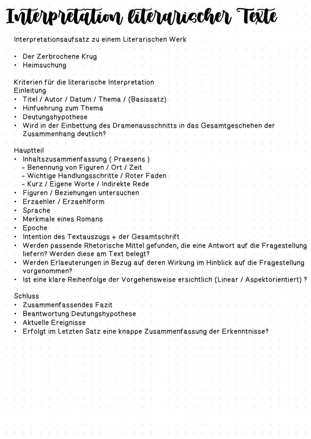 # Interpretation literarischer Texte
Interpretationsaufsatz zu einem Literarischen Werk
- Der Zerbrochene Krug
- Heimsuchung
Kriterien fü