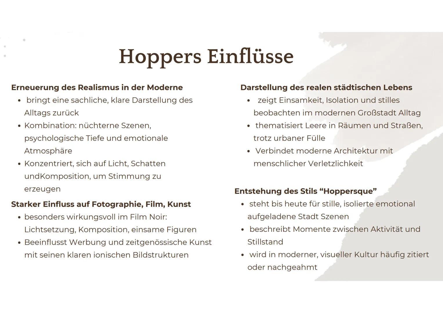 HOPPER # Wer war Edward Hopper?
US-Amerikanischer Maler des Realismus
Fokus: Urbane Einsamkeit, Isolation & moderne Lebenswelt
Aktiv in d