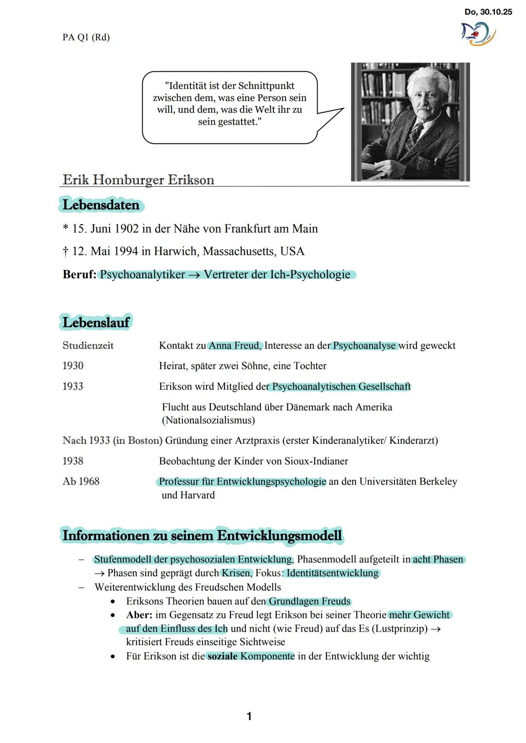Päda Lk Klausur
EW-LK1, Mo, 15.12.25, Raum: 3.21, Zeit: 09:50-12:35 (165 min), Kürzel: Rd Die psychosoziale Theorie nach Erikson
1. Biograf