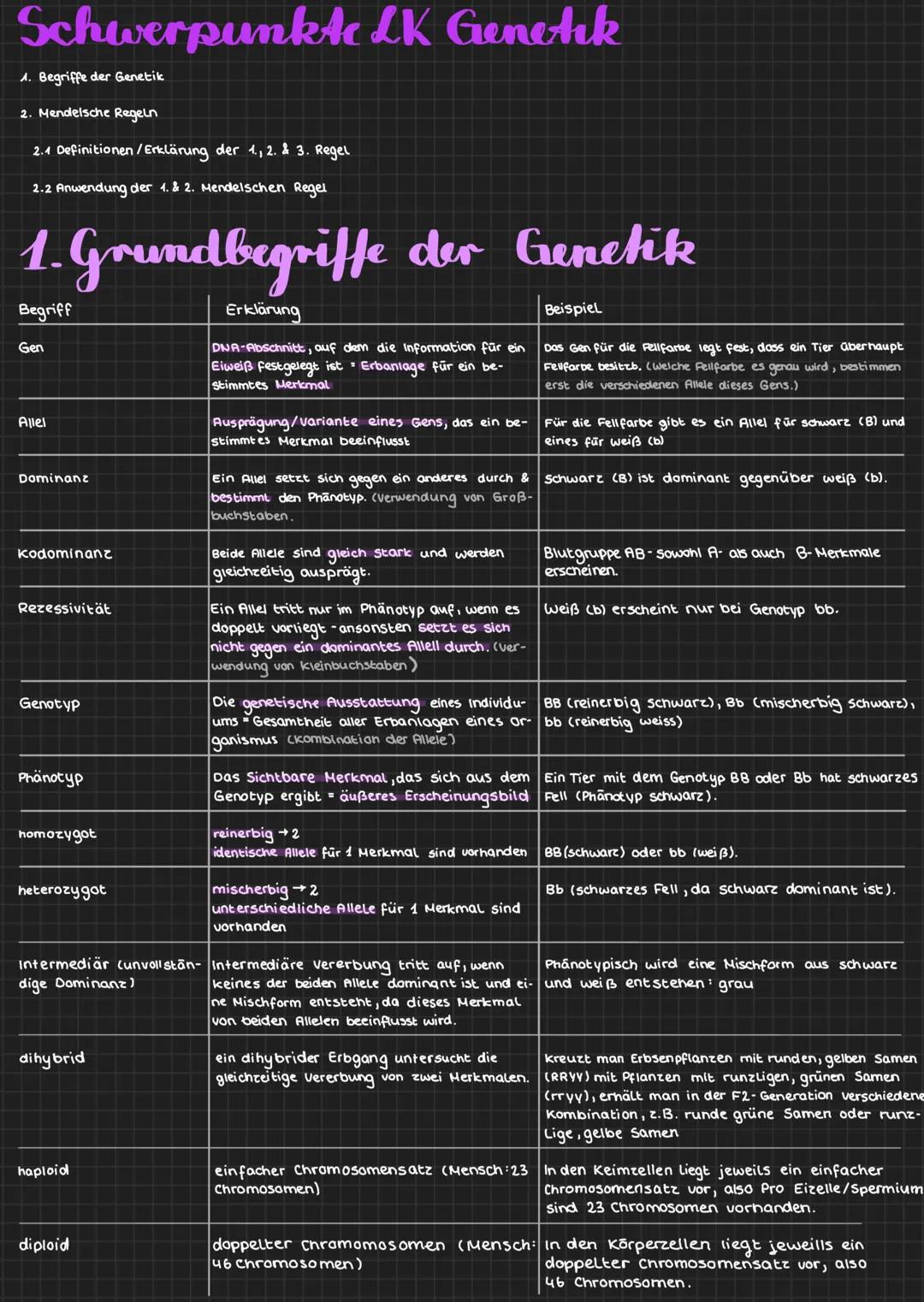 # Schwerpunktc LK Genetik
1. Begriffe der Genetik
2. Mendelsche Regeln
2.4 Definitionen/Erklärung der 1., 2. & 3. Regel
2.2 Anwendung de
