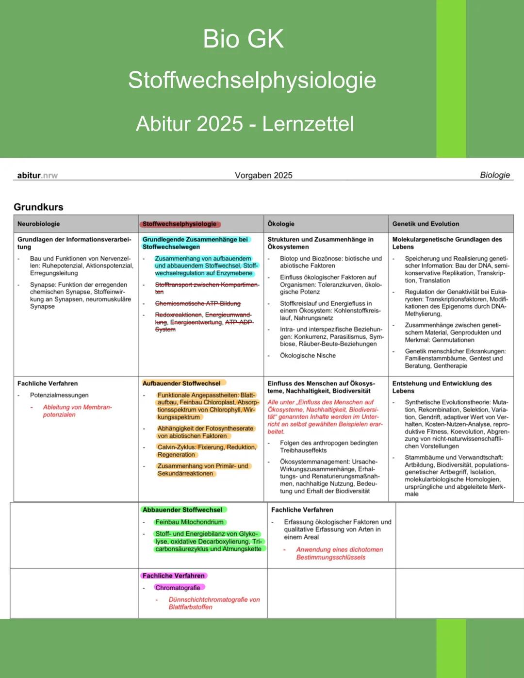 # Bio GK
# Stoffwechselphysiologie
## Abitur 2025 - Lernzettel
abitur.nrw
Vorgaben 2025
Biologie
# Grundkurs
Neurobiologie
Grundlage