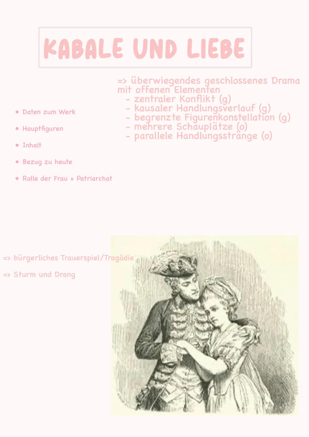 # KABALE UND LIEBE
* Daten zum Werk
* Hauptfiguren
* Inhalt
* Bezug zu heute
* Rolle der Frau + Patriarchat
=> überwiegendes ges