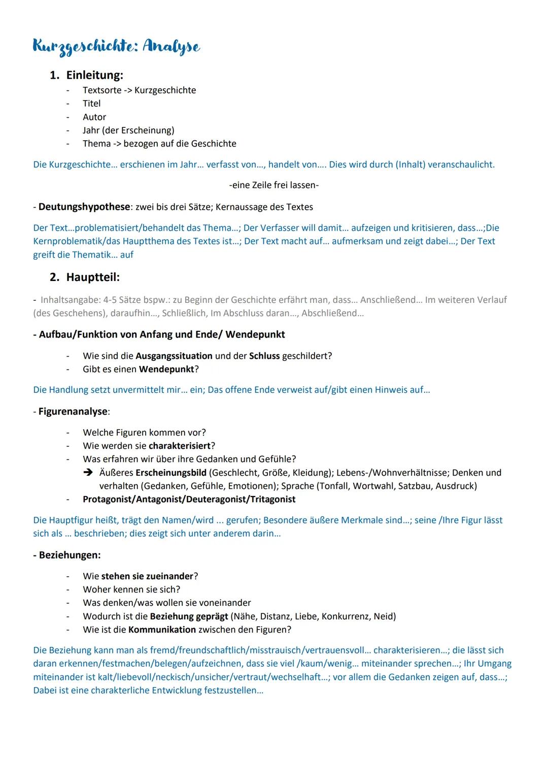 # Kurzgeschichte: Analyse
1. Einleitung:
- Textsorte -> Kurzgeschichte
- Titel
- Autor
- Jahr (der Erscheinung)
- Thema -> bezogen auf die