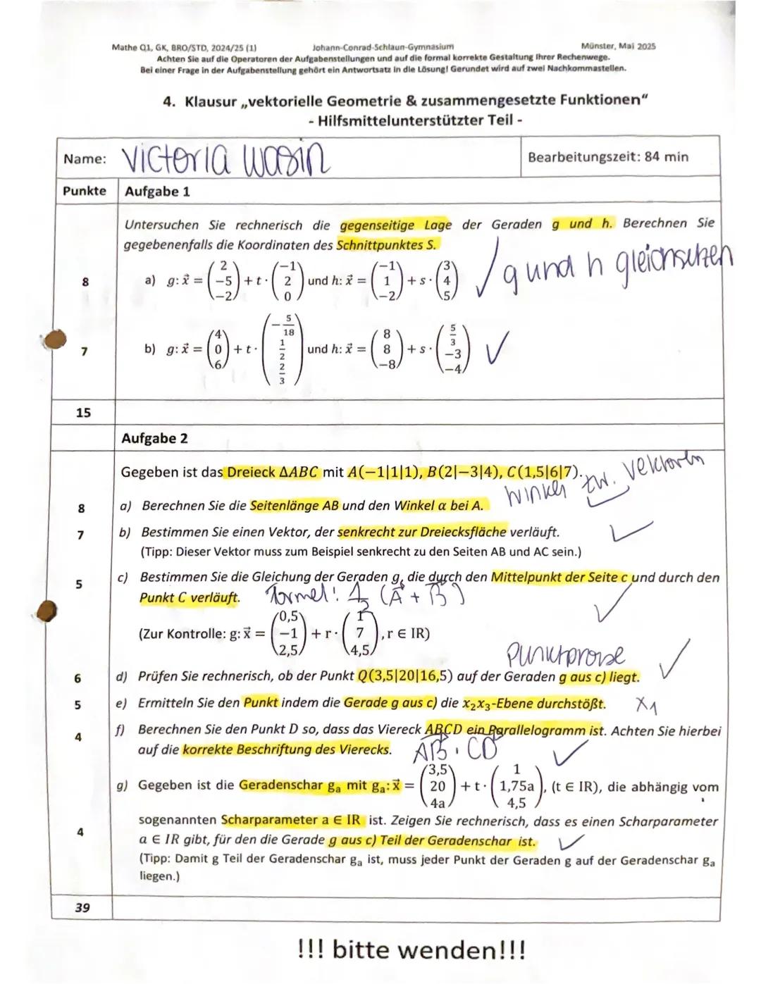 Mathe Q1
Johann-Conrad-Schlaun-Gymnasium
Achten Sie auf die Operatoren der Aufgabenstellungen und auf die formal korrekte Gestaltung Ihrer R