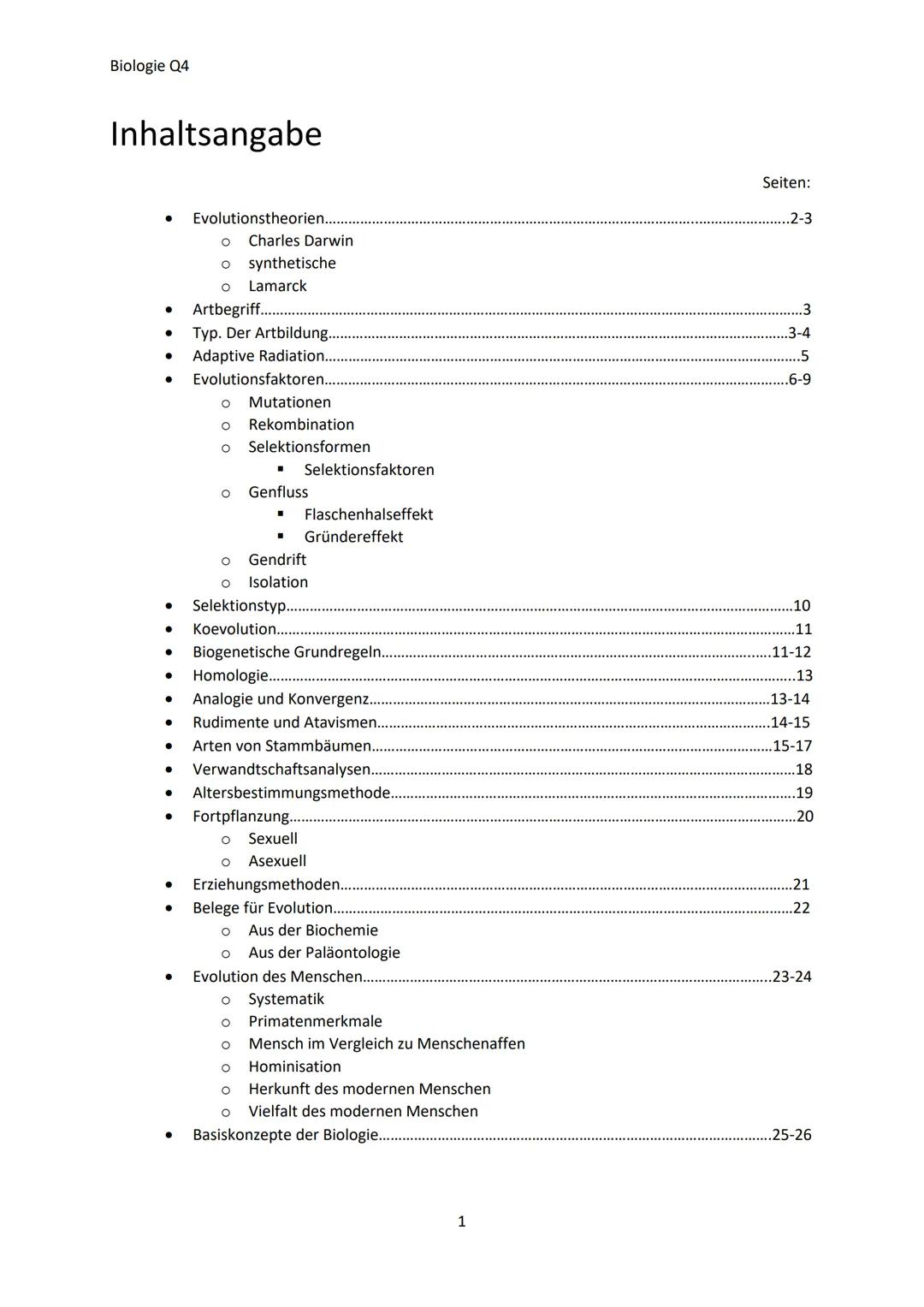 Biologie Q4
Inhaltsangabe
- Evolutionstheorien............................................................................................