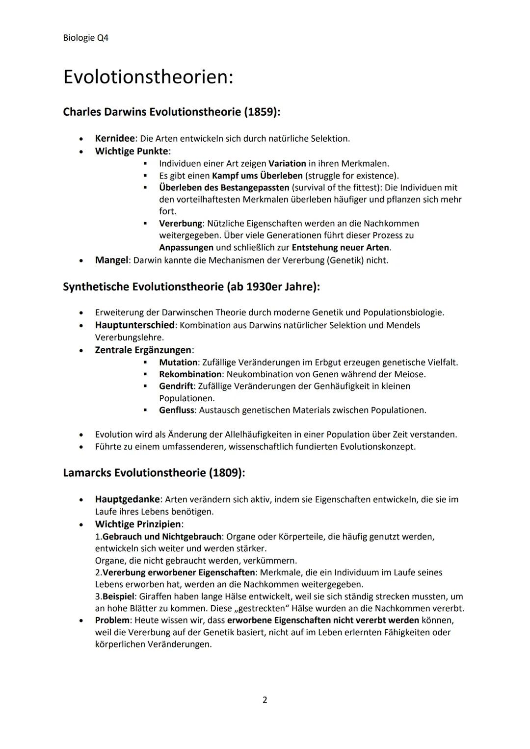 Biologie Q4
Inhaltsangabe
- Evolutionstheorien............................................................................................