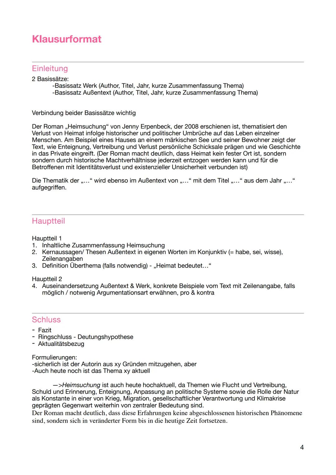 # Deutsch J2.1 Klausur 2 - Literarische Erörterung -
Heimsuchung - Jenny Erpenbeck
Inhaltsverzeichnis
1 Klausurformat
Inhaltliche Zusammen