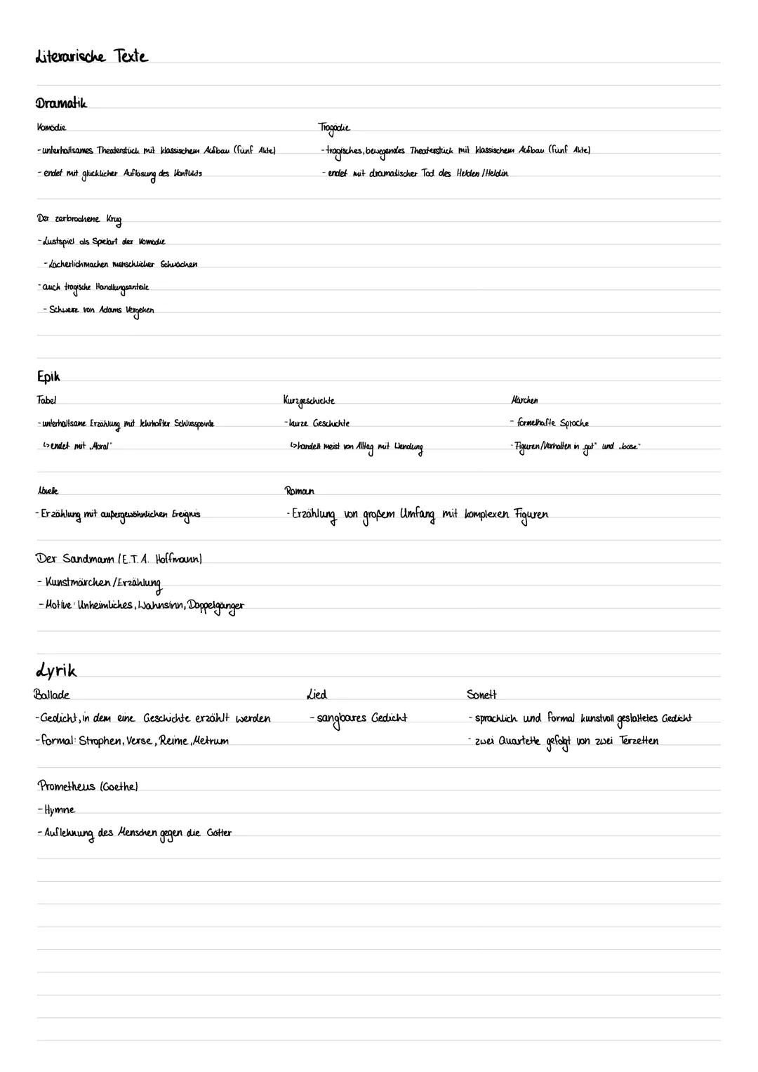 # Literarische Texte
## Dramatik
Komodiz
-unterhaltsames Theaterstich mit klassischem Aufbau (funt Akte)
-endet mit glucklicher Aufbsung