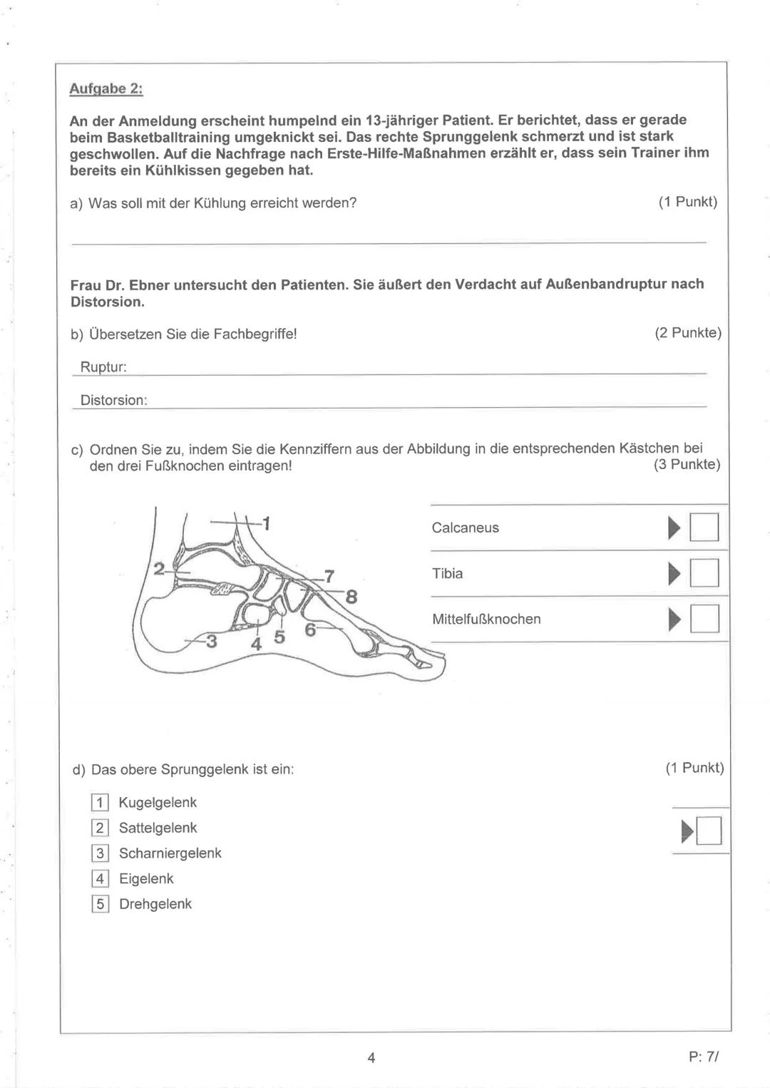 Abschlussprüfung für Medizinische Fachangestellte Klasse
Sommer 2016
Familienname Vorname Geburtsdatum
Prüfungsbereich: Behandlungsassist