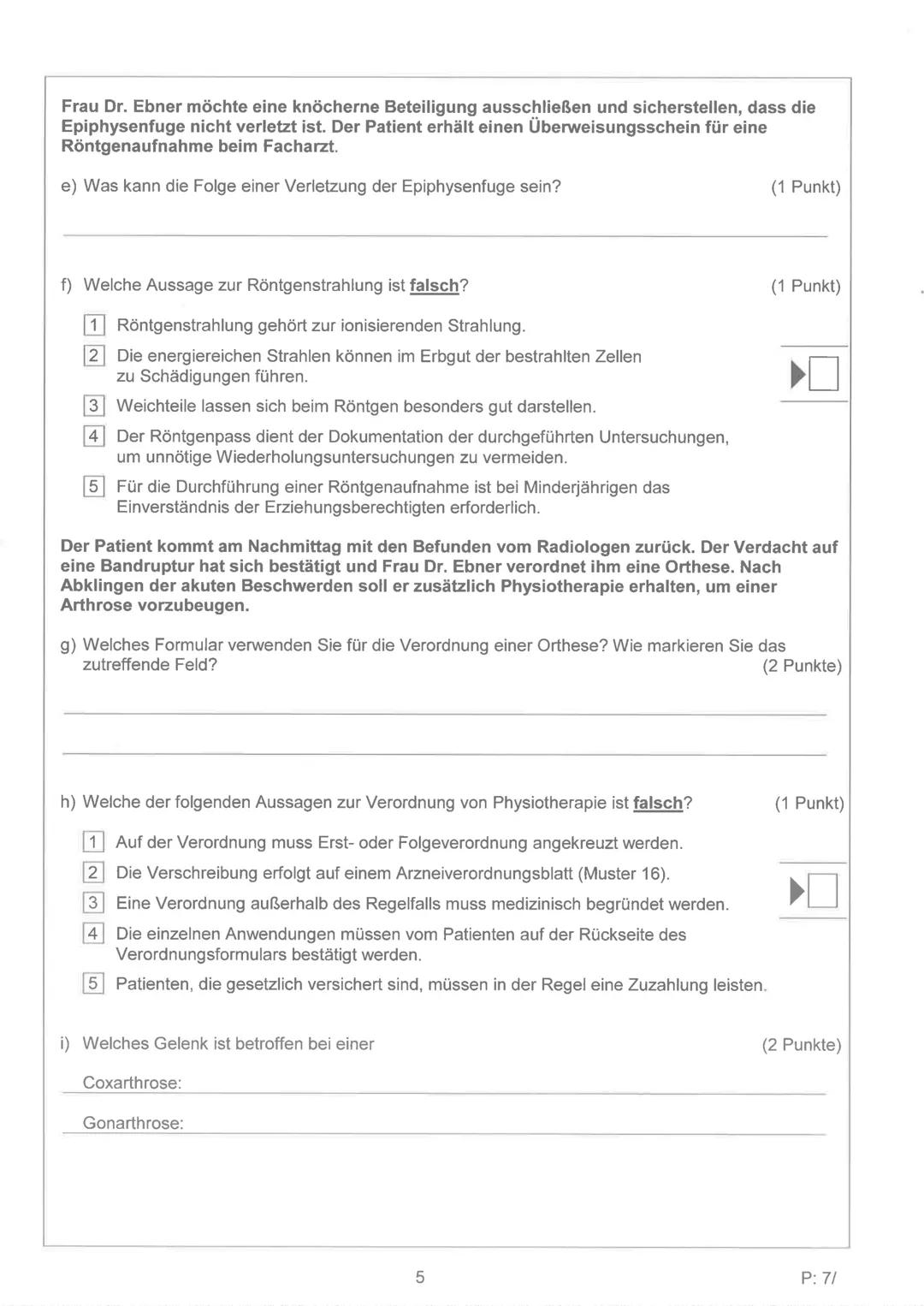 Abschlussprüfung für Medizinische Fachangestellte Klasse
Sommer 2016
Familienname Vorname Geburtsdatum
Prüfungsbereich: Behandlungsassist