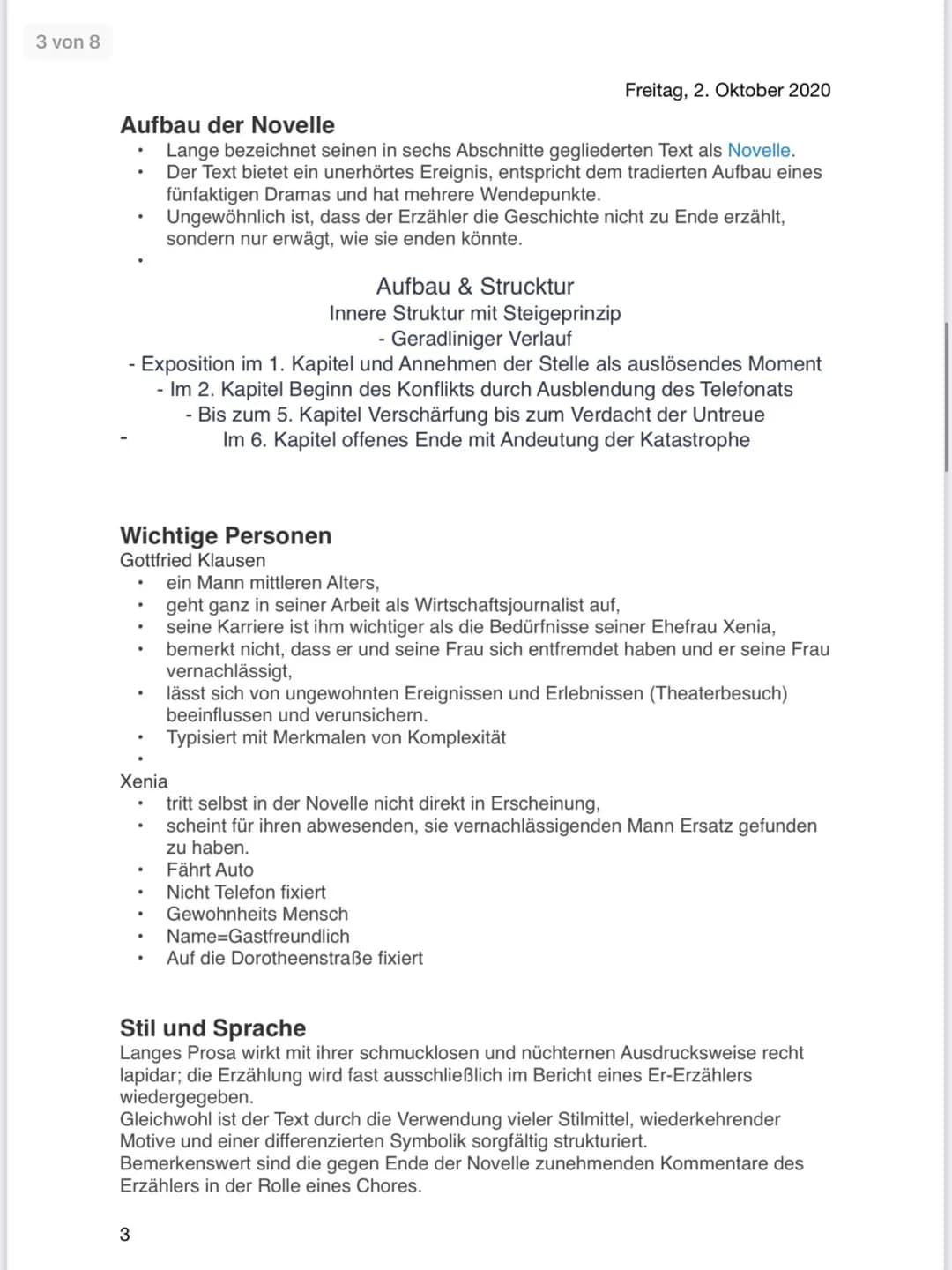 3 von 8
Freitag, 2. Oktober 2020
# Aufbau der Novelle
- Lange bezeichnet seinen in sechs Abschnitte gegliederten Text als Novelle.
- Der T
