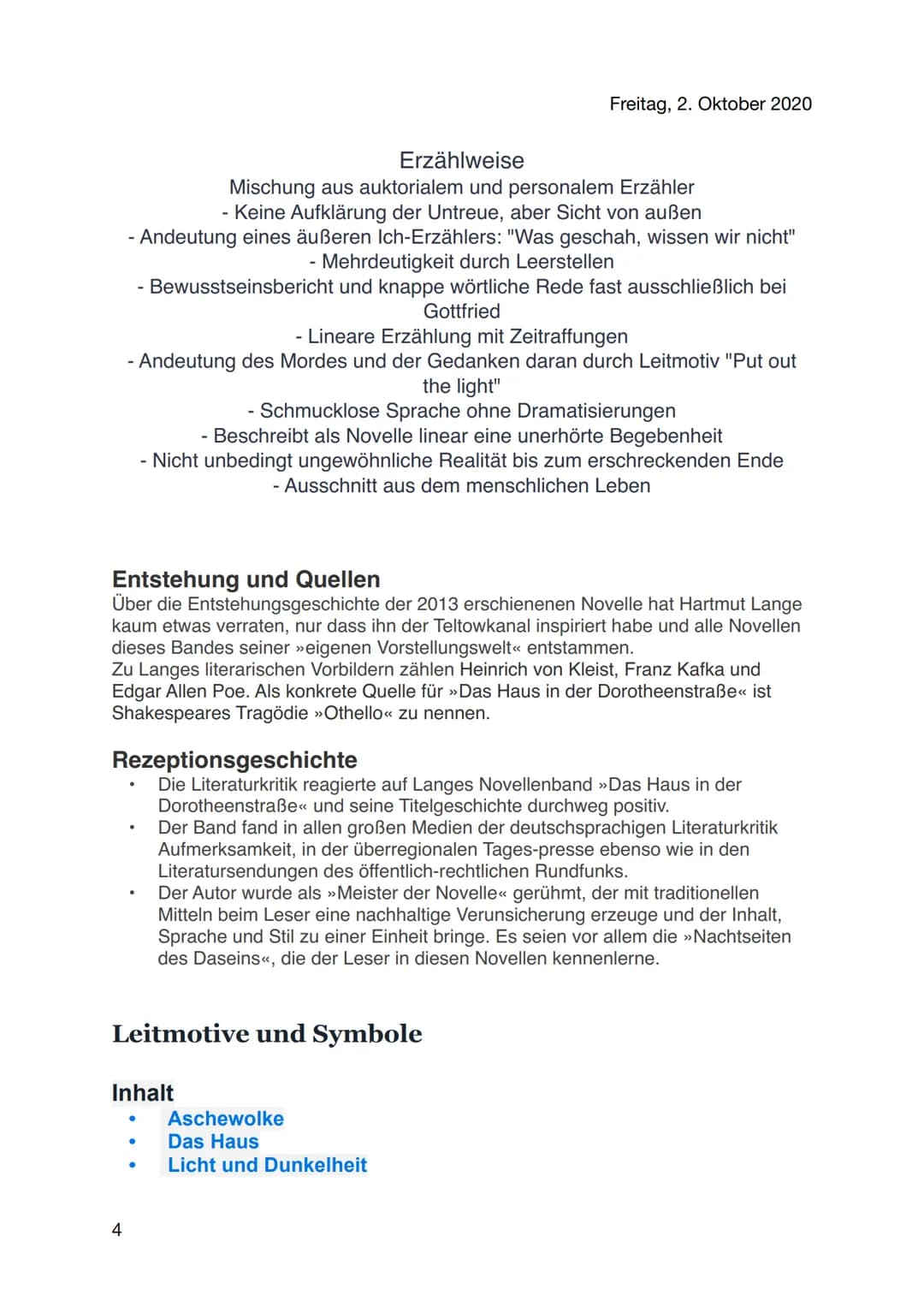 3 von 8
Freitag, 2. Oktober 2020
# Aufbau der Novelle
- Lange bezeichnet seinen in sechs Abschnitte gegliederten Text als Novelle.
- Der T
