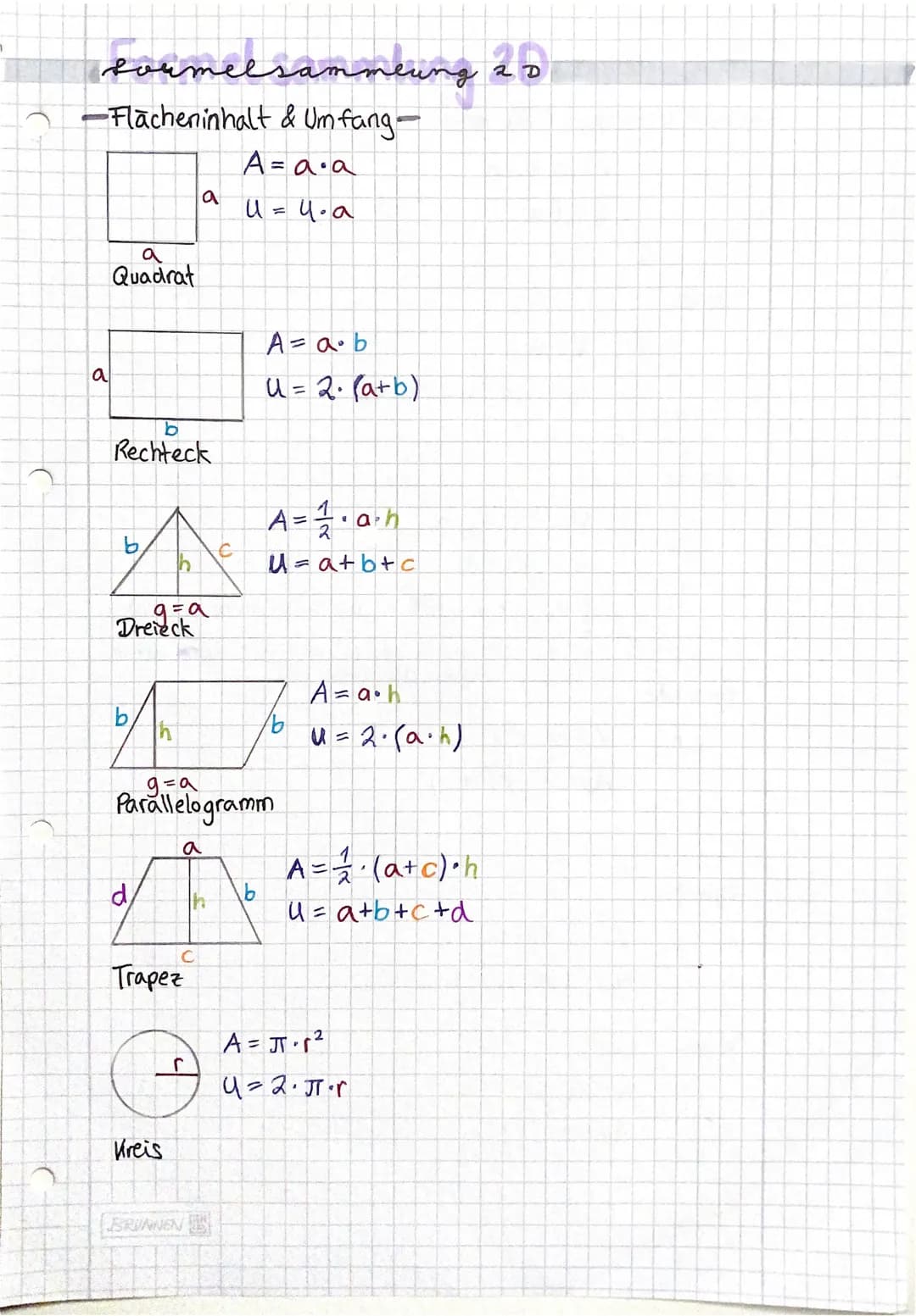 # Formelsammlung 2D
## Flächeninhalt & Umfang
### Quadrat
$A = a \cdot a$
$U = 4 \cdot a$
### Rechteck
$A = a \cdot b$
$U = 2 \cdot (a+b)$
#