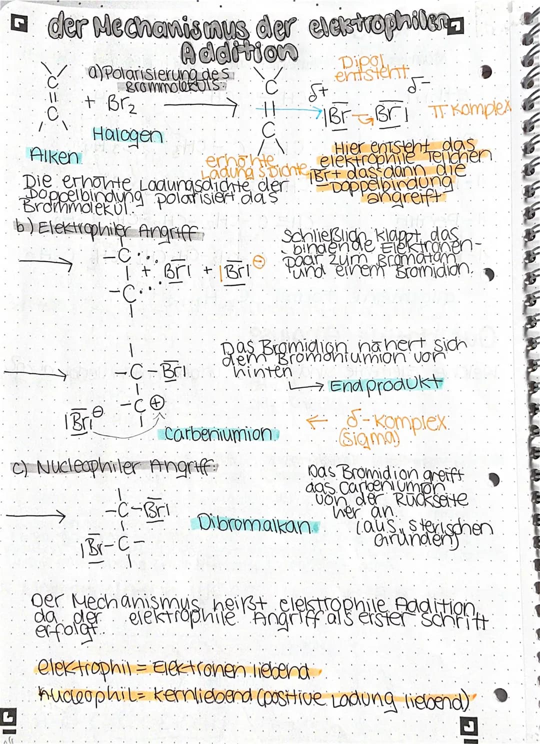 # der Mechanismus der elektrophilen Addition
## a) Polarisierung des Brommoleküls
```
C=C
```
`+ Br2`
`Halogen`
`Alken`
`Dipol`
`entsteht`