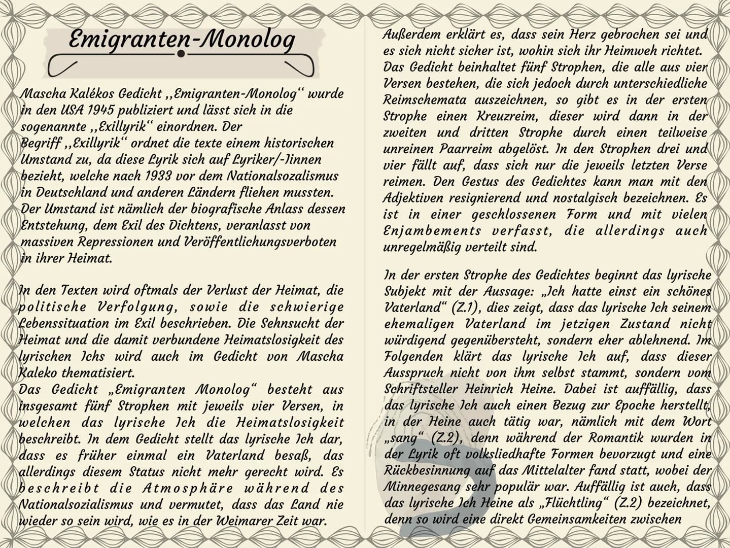 # Emigranten-Monolog
Mascha Kalékos Gedicht „Emigranten-Monolog“ wurde in den USA 1945 publiziert und lässt sich in die sogenannte „Exillyri
