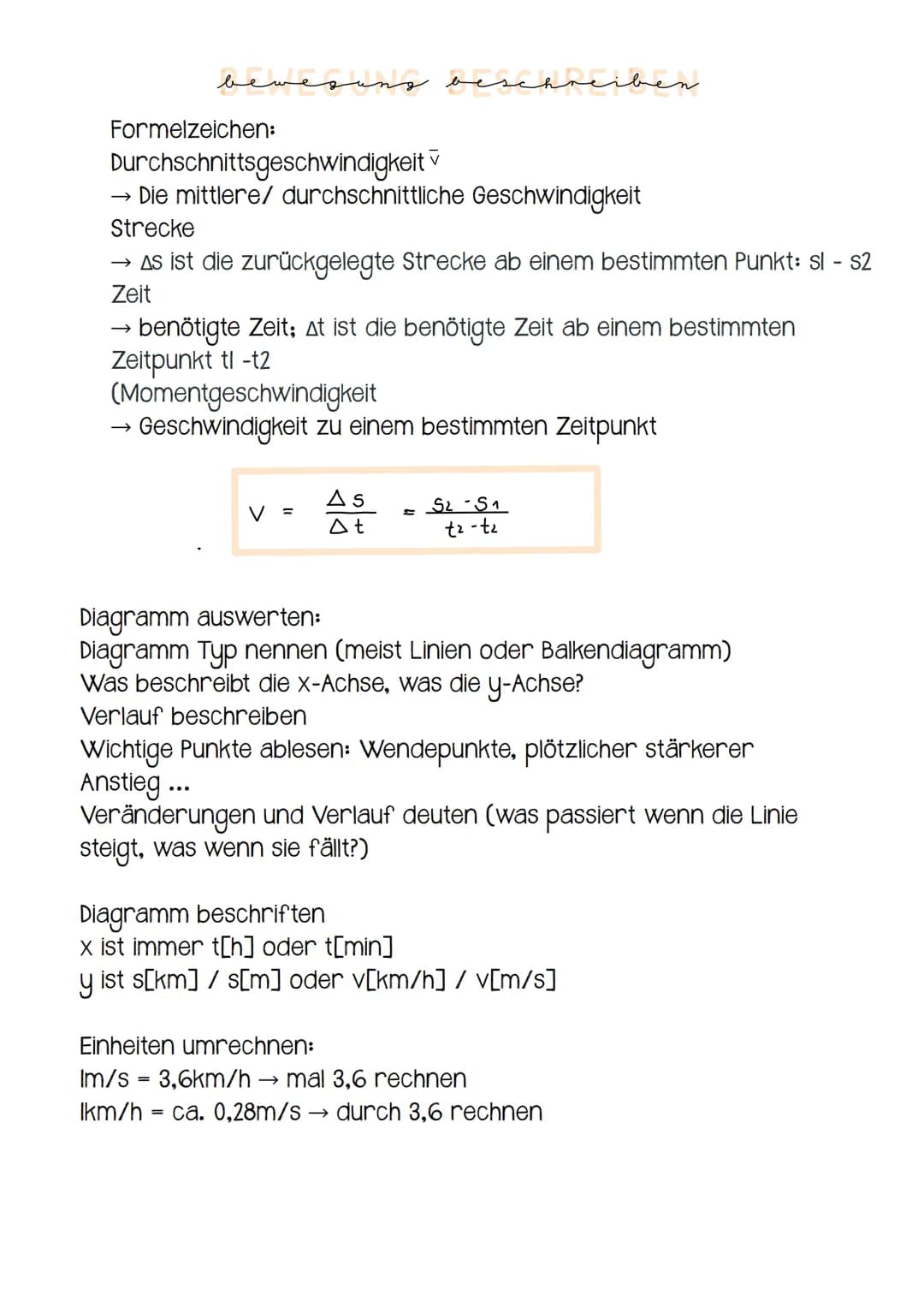 # bewegung beschreiben
## Formelzeichen:
- Durchschnittsgeschwindigkeit $\bar{v}$
- Die mittlere/ durchschnittliche Geschwindigkeit
- Stre