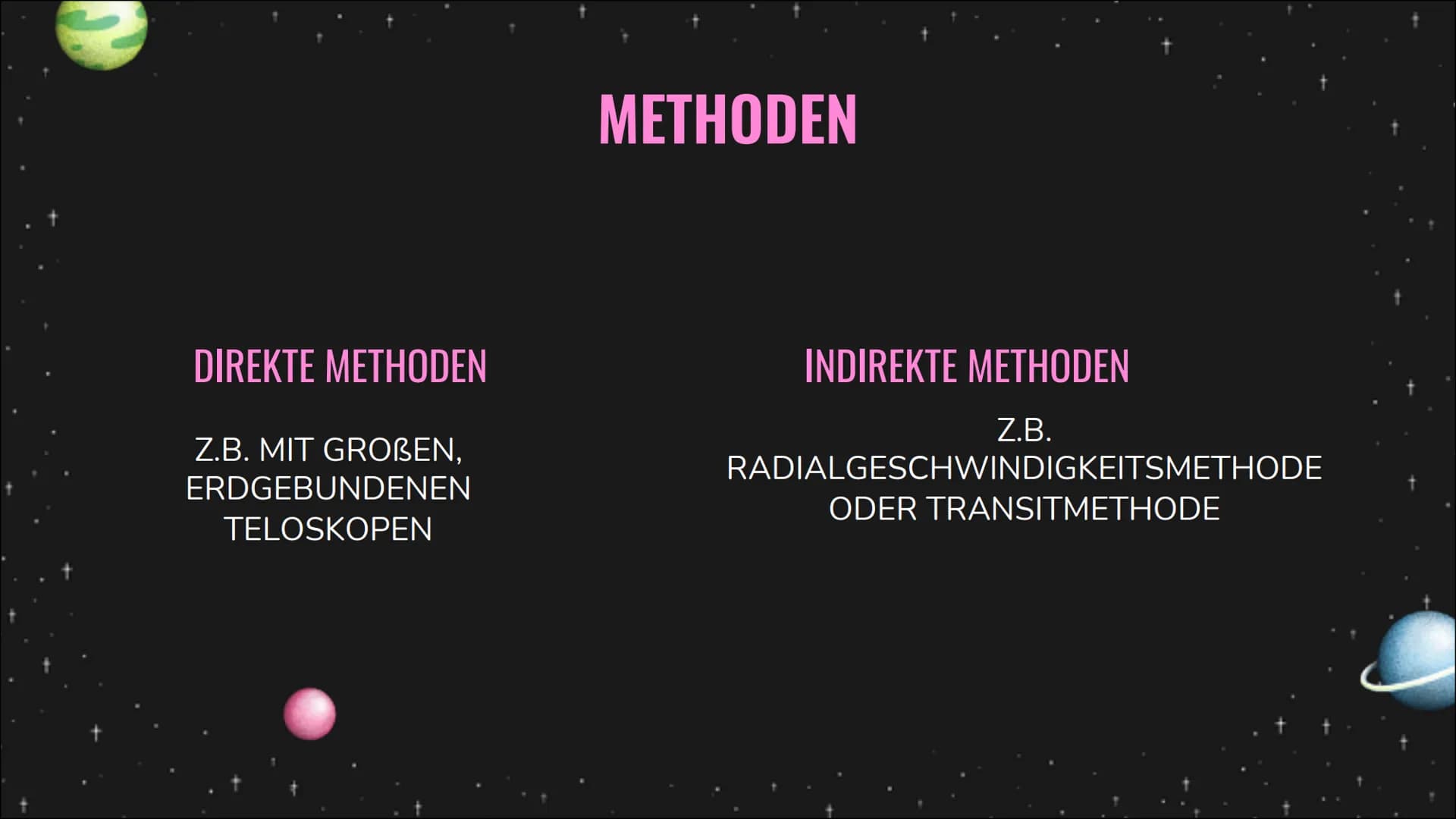 Extrasolare
Planeten # Definition :
- Extrasolare Planeten sind Planeten die sich außerhalb unseres Sonnensystems befinden
- „extra" = außer