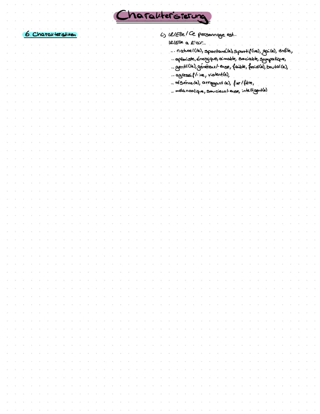 # Charakterisierung
## Inhalt
## Beispiel
### 1. Allgemeine Informationen
* Name
* Alter
* Wohnort
* Familie
* Beruf
* Le personnage / La