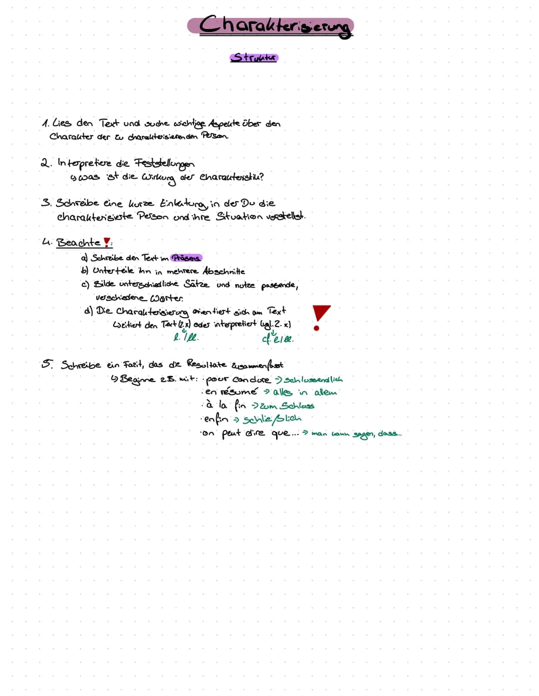 # Charakterisierung
## Inhalt
## Beispiel
### 1. Allgemeine Informationen
* Name
* Alter
* Wohnort
* Familie
* Beruf
* Le personnage / La