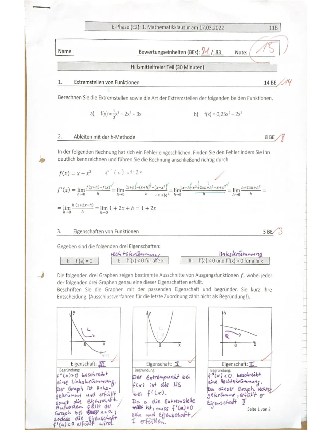 # MATHEMATIK
## Hilfsmittelgestützter Teil
### Aufgabe 4
a) $f(0)=3 \cdot 0^3 - 2.5 \cdot 0^2 + 3.0$
$f(x) = 0$
$f(0)=0$
$0 = \frac{1}{3}x^3