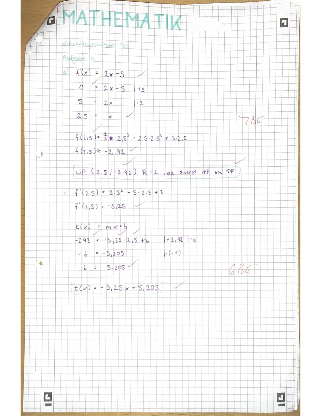 # MATHEMATIK
## Hilfsmittelgestützter Teil
### Aufgabe 4
a) $f(0)=3 \cdot 0^3 - 2.5 \cdot 0^2 + 3.0$
$f(x) = 0$
$f(0)=0$
$0 = \frac{1}{3}x^3