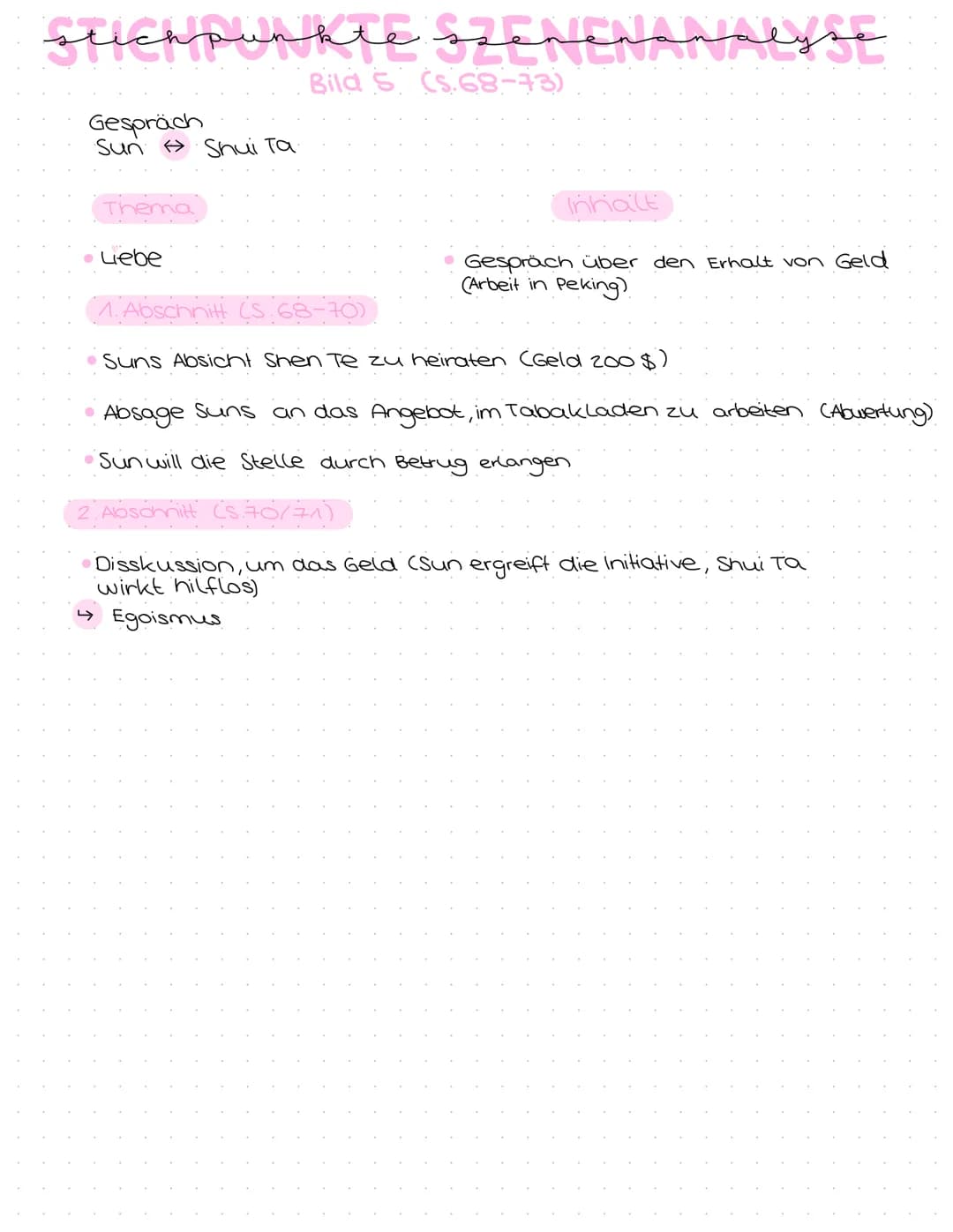 # stichpunkte ssenenanalyse
## Bild S. (S.68-73)
### "Definition Liebe"
- Sun
- Mittel zum zweck (will nur Geld)
- bedingung scose unterstü